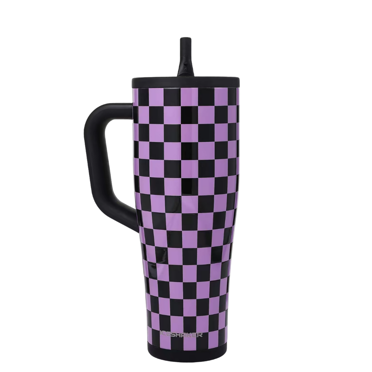 Ice Shaker Purple and Black Checkers Halloween tumbler styled with matching silicone boot, charm, bow and spooky accessories
