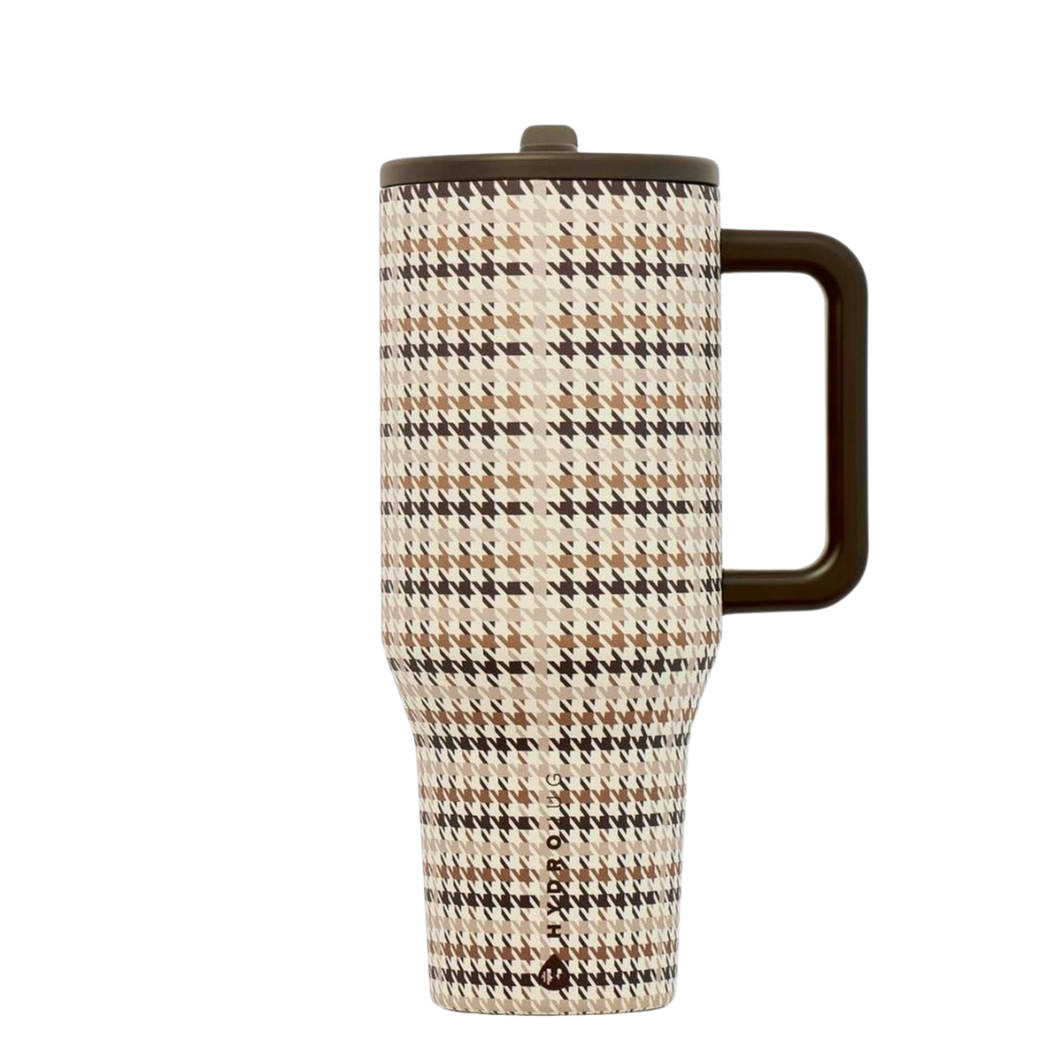 HydroJug Fall Houndstooth Traveler with brown cream and tan pattern styled with coordinating tumbler accessories