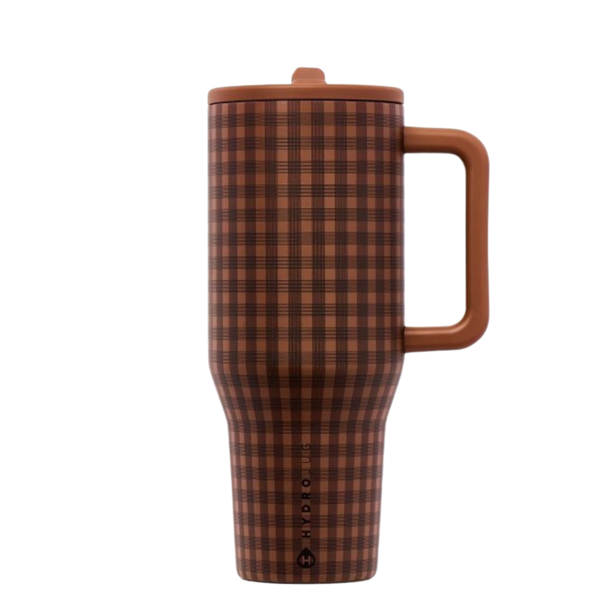 HydroJug Rust Plaid Traveler tumbler with warm rust orange and dark brown plaid pattern and coordinating fall accessories
