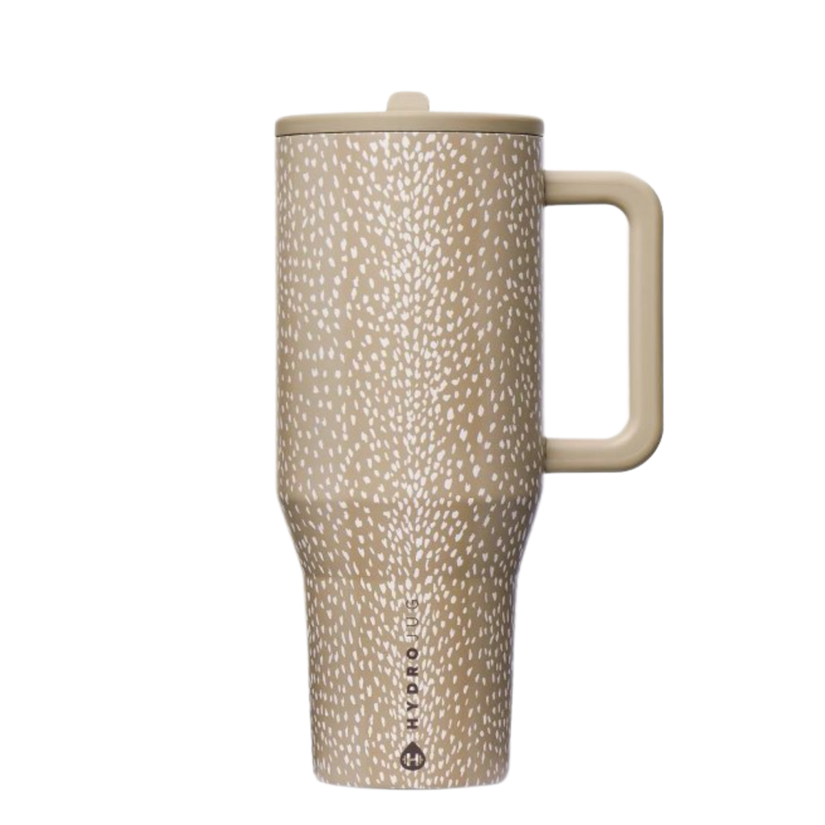 HydroJug Fawn Traveler tumbler with beige taupe and white spotted animal print design and coordinating neutral accessories