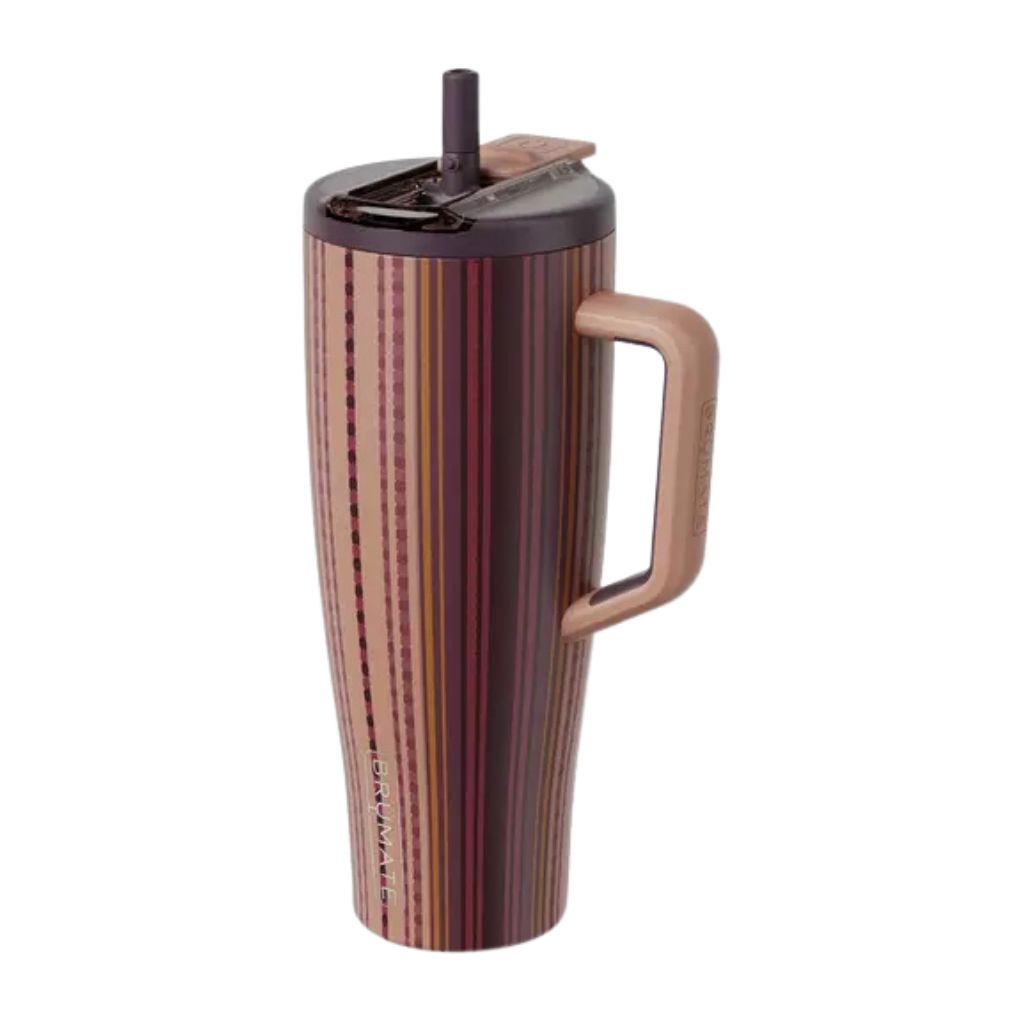 BrüMate Line Work tumbler with brown burgundy mauve and blush vertical stripes styled with coordinating tumbler accessories