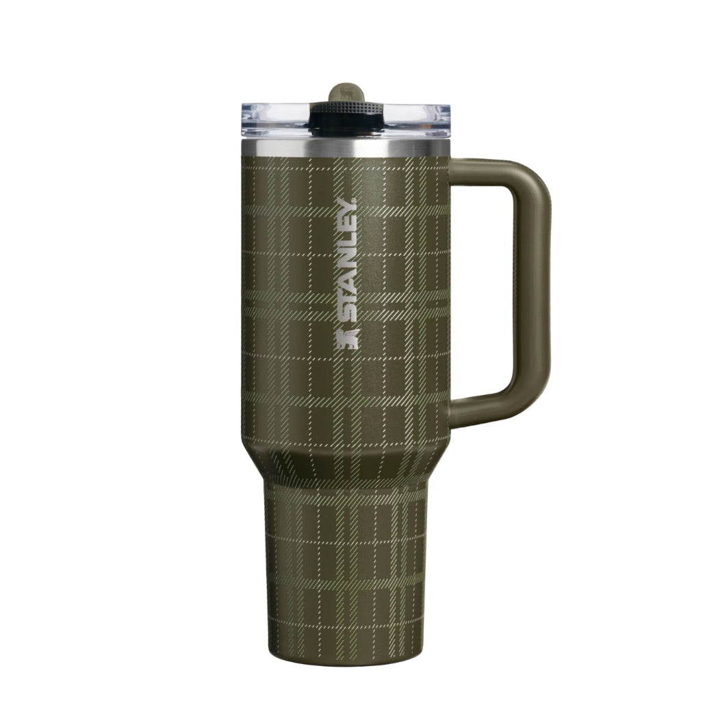 Stanley Peat Moss Plaid tumbler with olive green plaid pattern and matching tumbler accessory inspiration