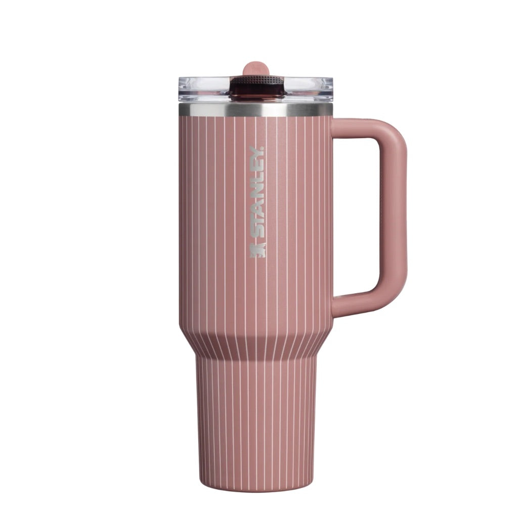 Stanley Moab Pinstripe tumbler with matching brown blush silicone boot charm bow and cup accessories