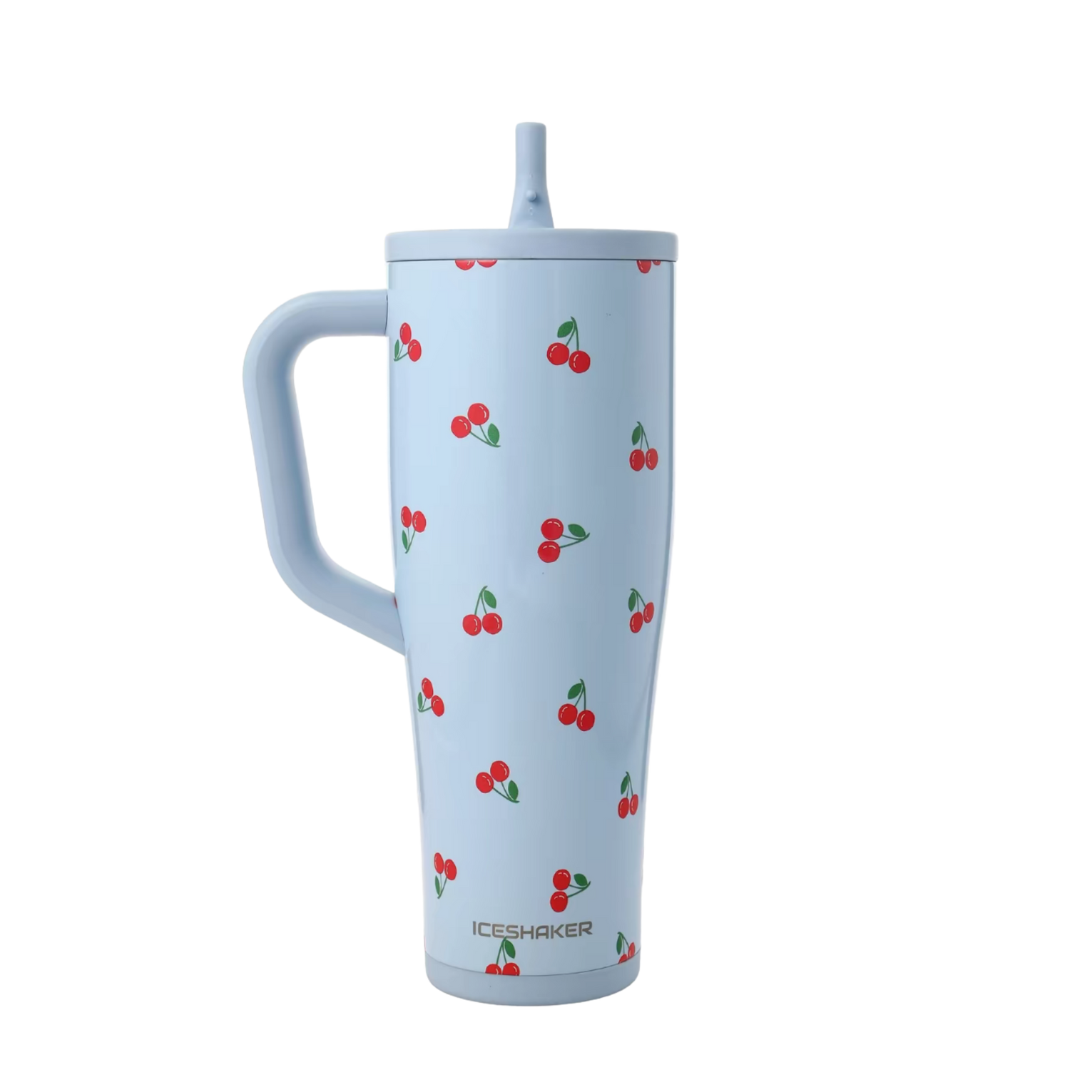 Ice Shaker Blue Cherries baby blue cherry print tumbler styled with matching silicone boot, bow, charm, bracelet and straw topper accessories.