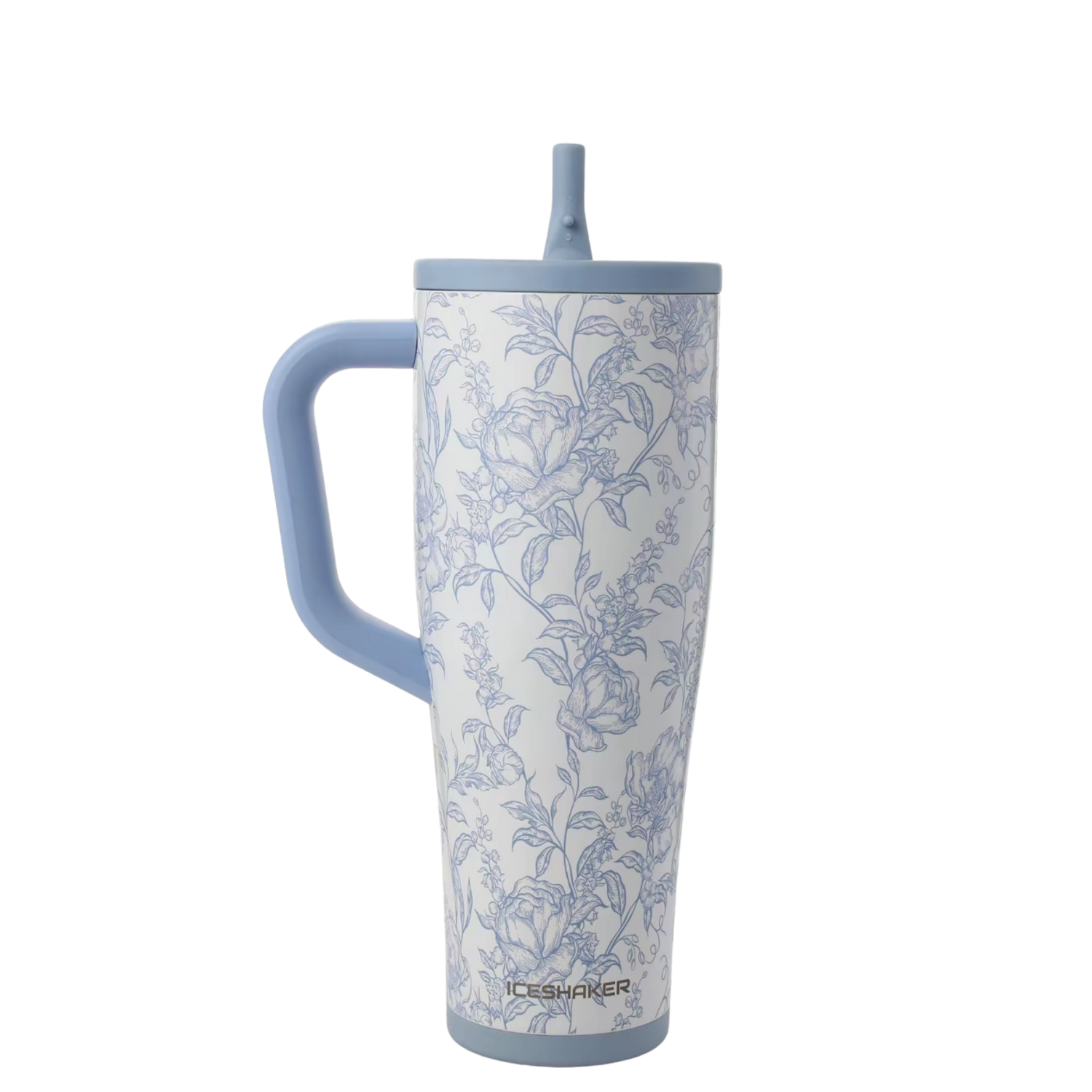 Ice Shaker Blue Toile floral tumbler styled with matching silicone boot, bow, charm, bracelet and straw topper accessories.