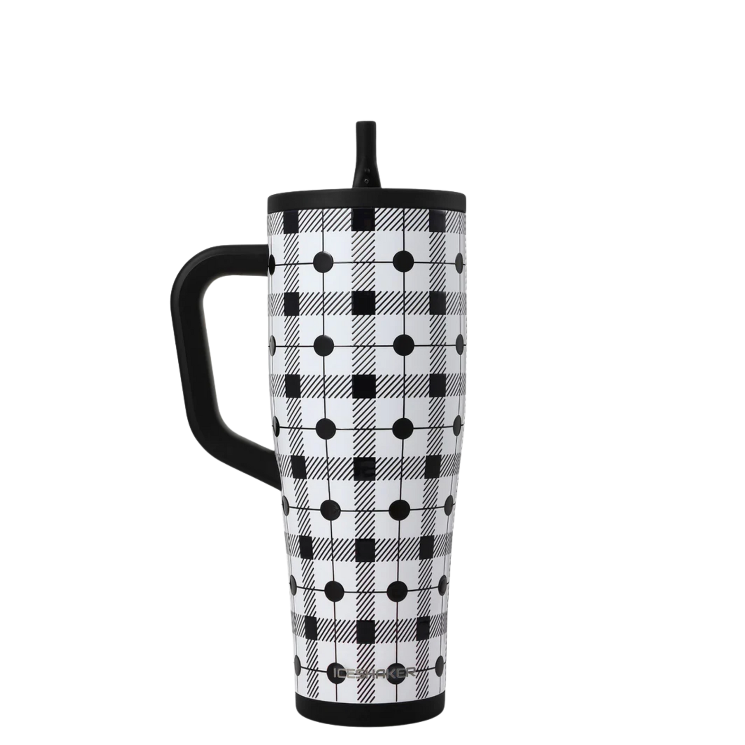Ice Shaker Check Me black and white tumbler styled with matching silicone boot, bow, charm, bracelet and straw topper accessories.
