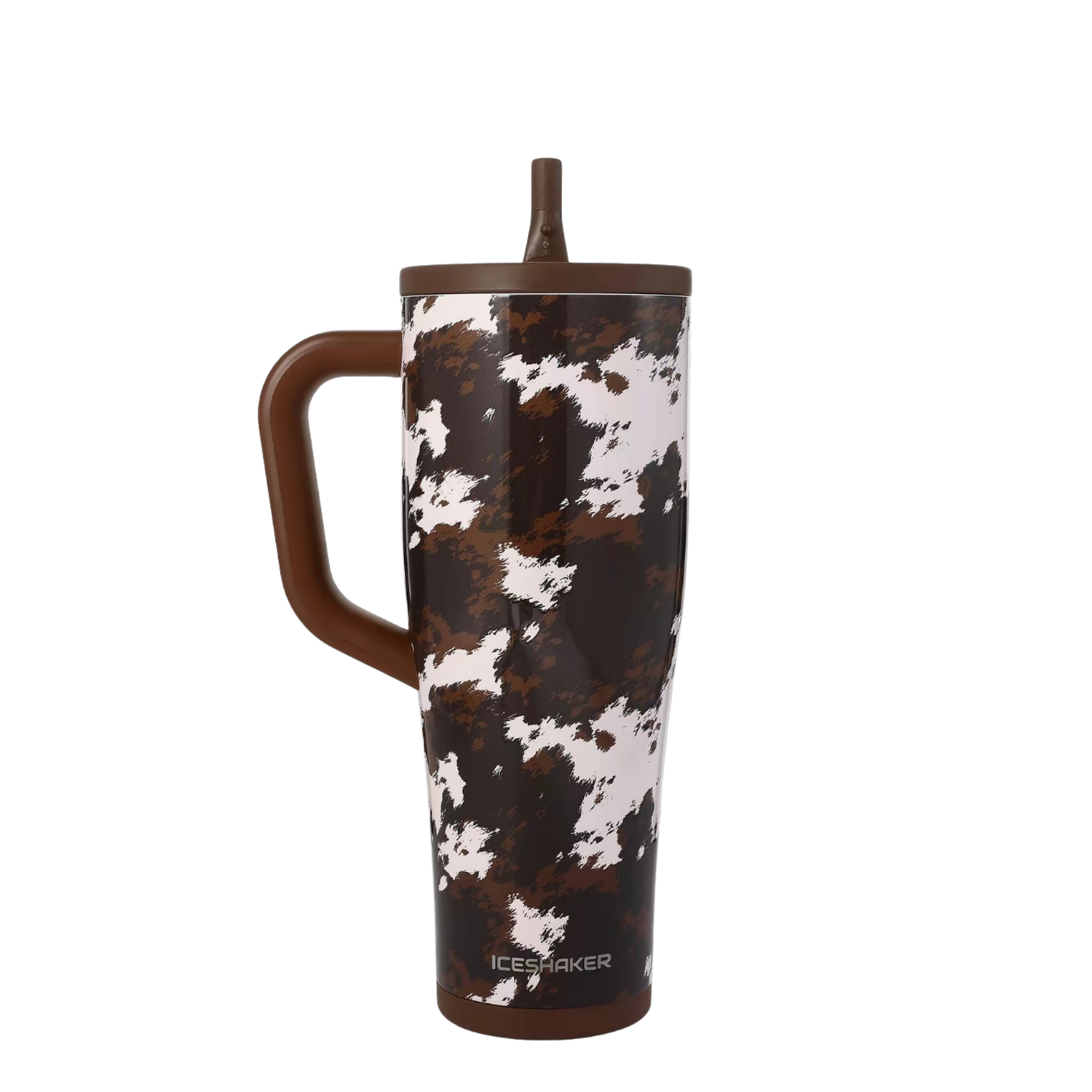 Ice Shaker Cowhide western cow print tumbler styled with matching silicone boot, bow, charm, bracelet and straw topper accessories.