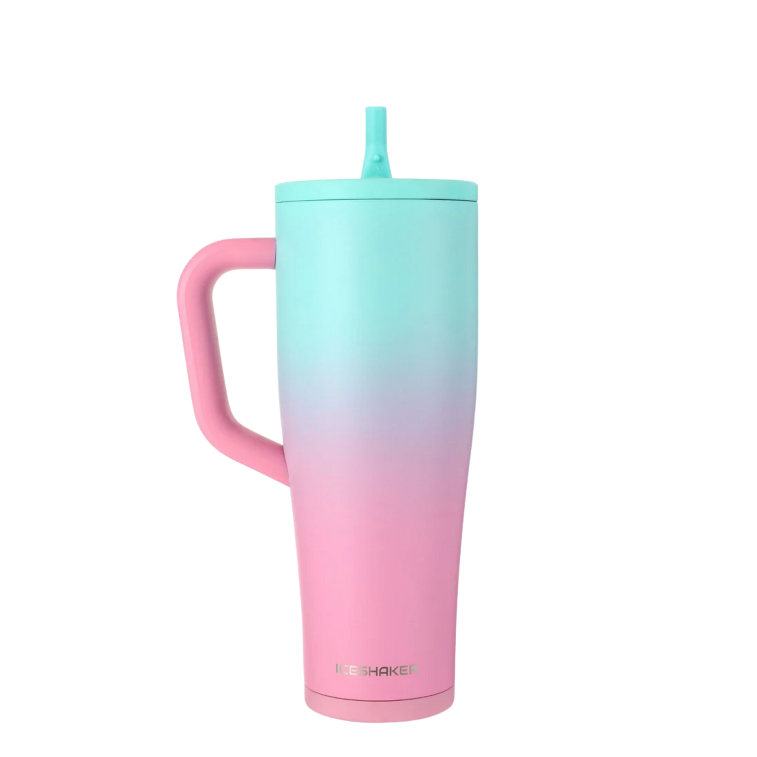 Ice Shaker Mint Pink Ombre pastel tumbler styled with matching silicone boot, bow, charm, bracelet and straw topper accessories.