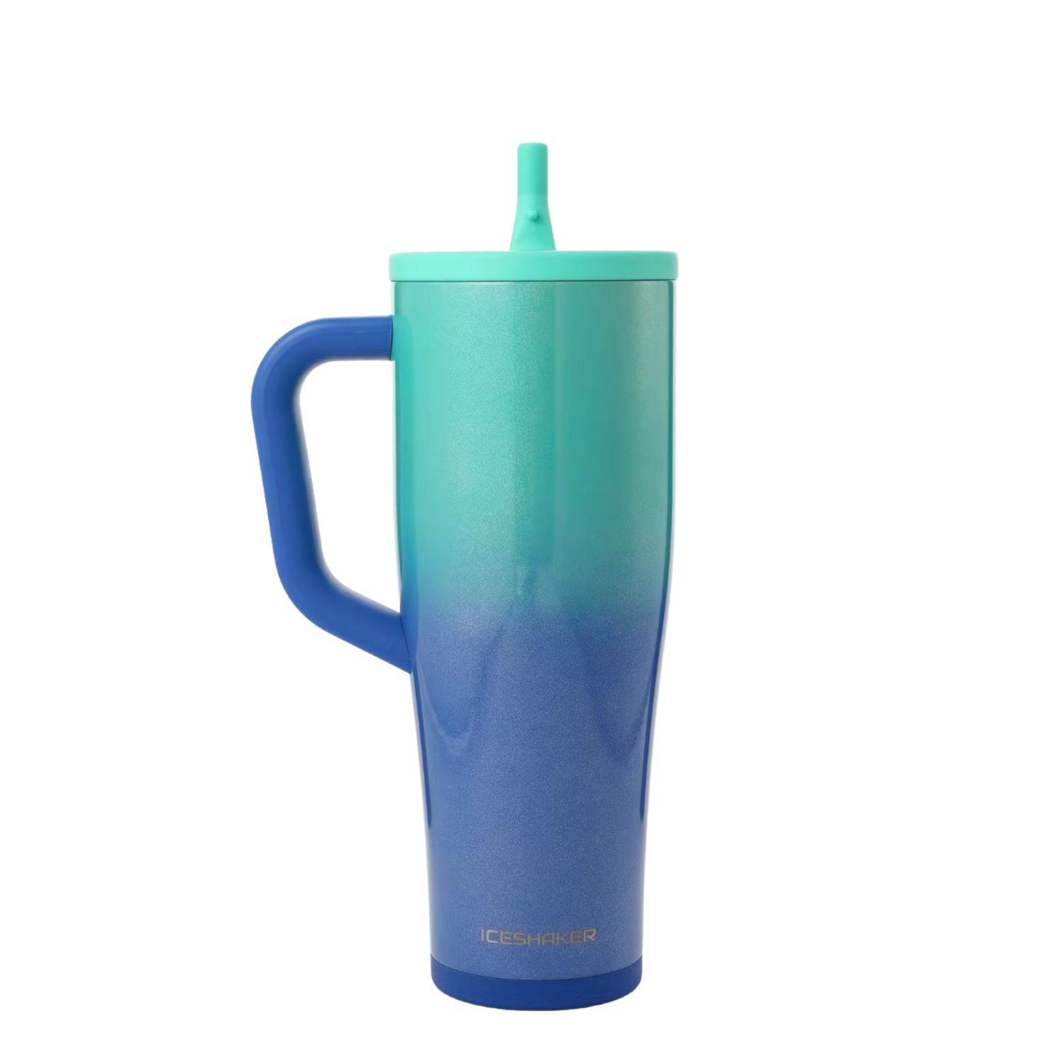 Ice Shaker Ocean Breeze shimmering seafoam green and ocean blue ombré tumbler styled with matching silicone boot, bow, charm, bracelet and straw topper accessories.