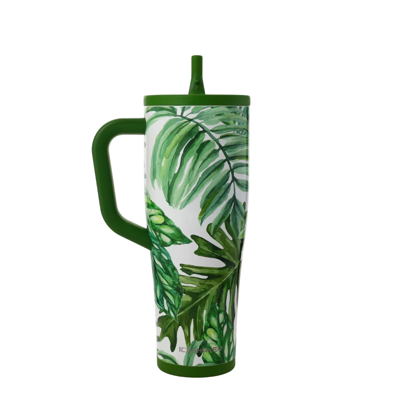 Ice Shaker Palm Tree tropical green tumbler styled with matching silicone boot, bow, charm, bracelet and straw topper accessories.