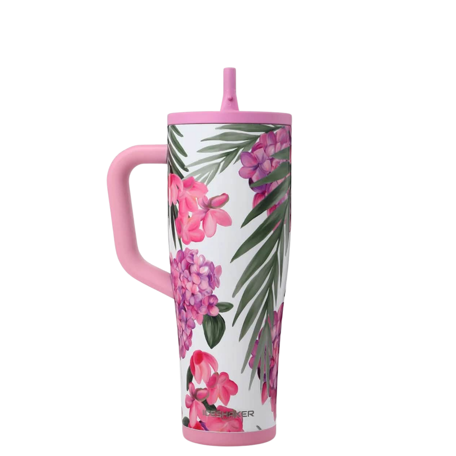 Ice Shaker Pink Hydrangea tropical floral tumbler styled with matching silicone boot, bow, charm, bracelet and straw topper accessories.