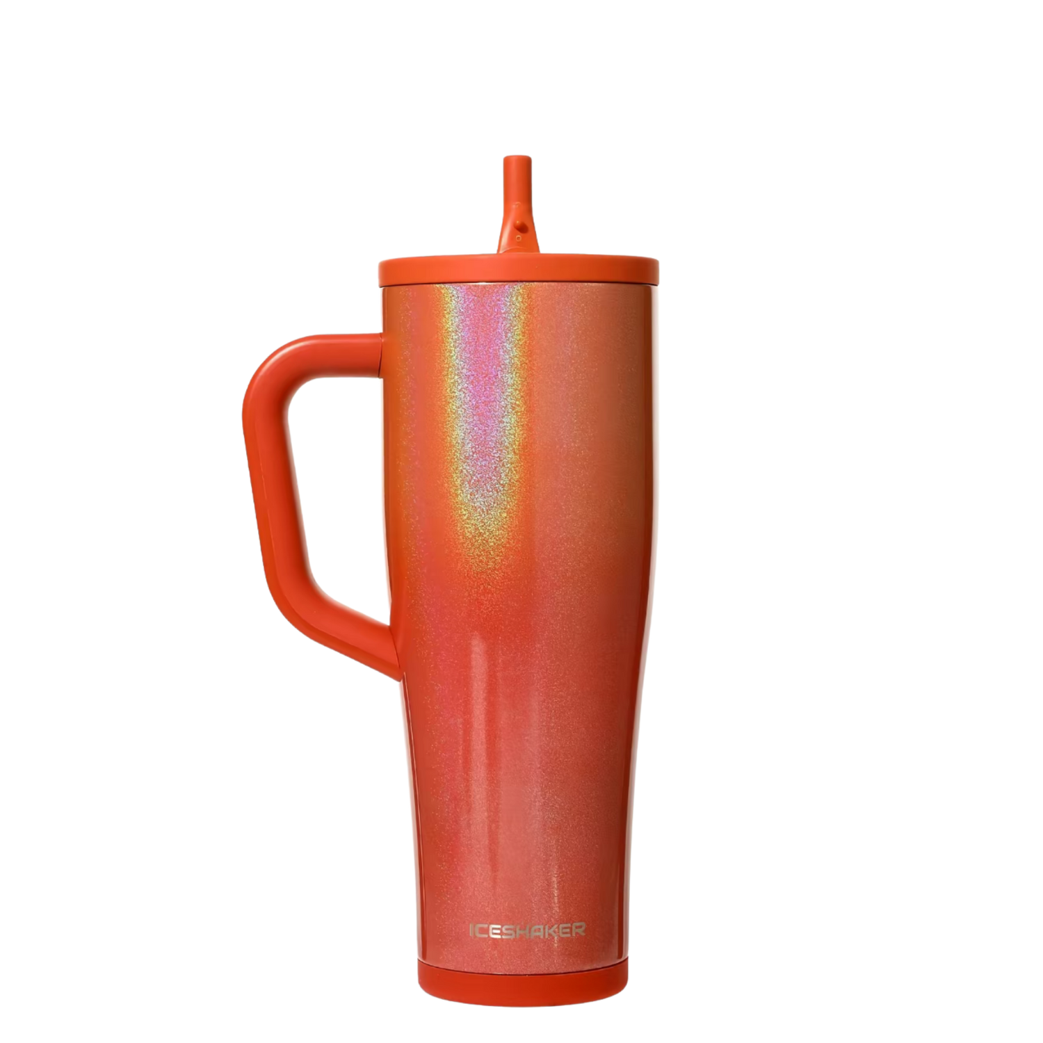 Ice Shaker Showgirl shimmer orange tumbler styled with matching silicone boot, bow, charm, bracelet and straw topper accessories.