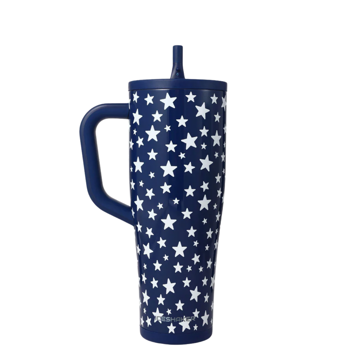 Ice Shaker Star Spangled patriotic tumbler styled with matching navy tumbler accessories including boot, bow, charm, bracelet and straw topper.
