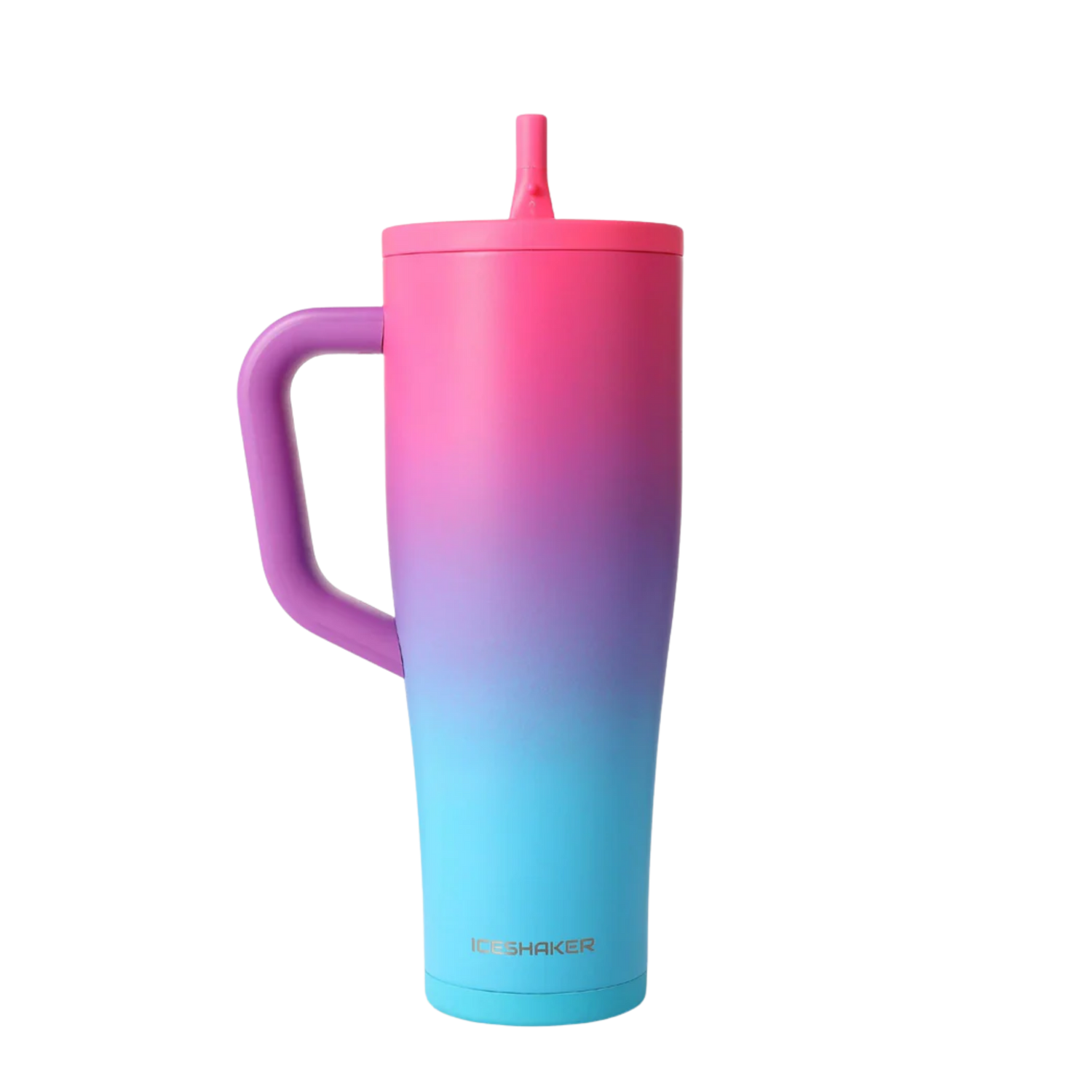 Ice Shaker Sugar Rush pink ombré tumbler styled with matching silicone boot, bow, charm, bracelet and straw topper accessories.