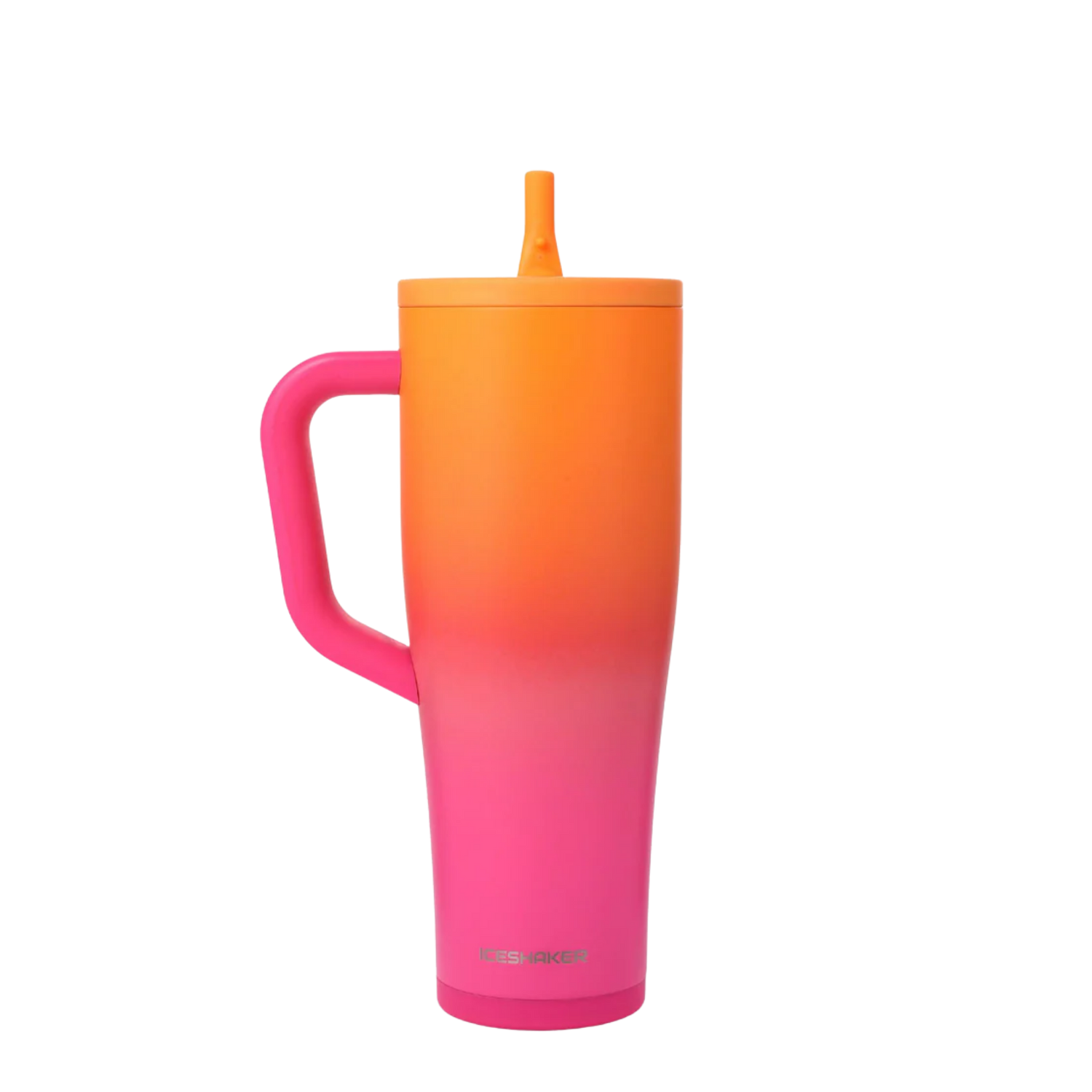 Ice Shaker Sun Kissed pink and orange sunset ombré tumbler styled with matching silicone boot, bow, charm, bracelet and straw topper accessories.