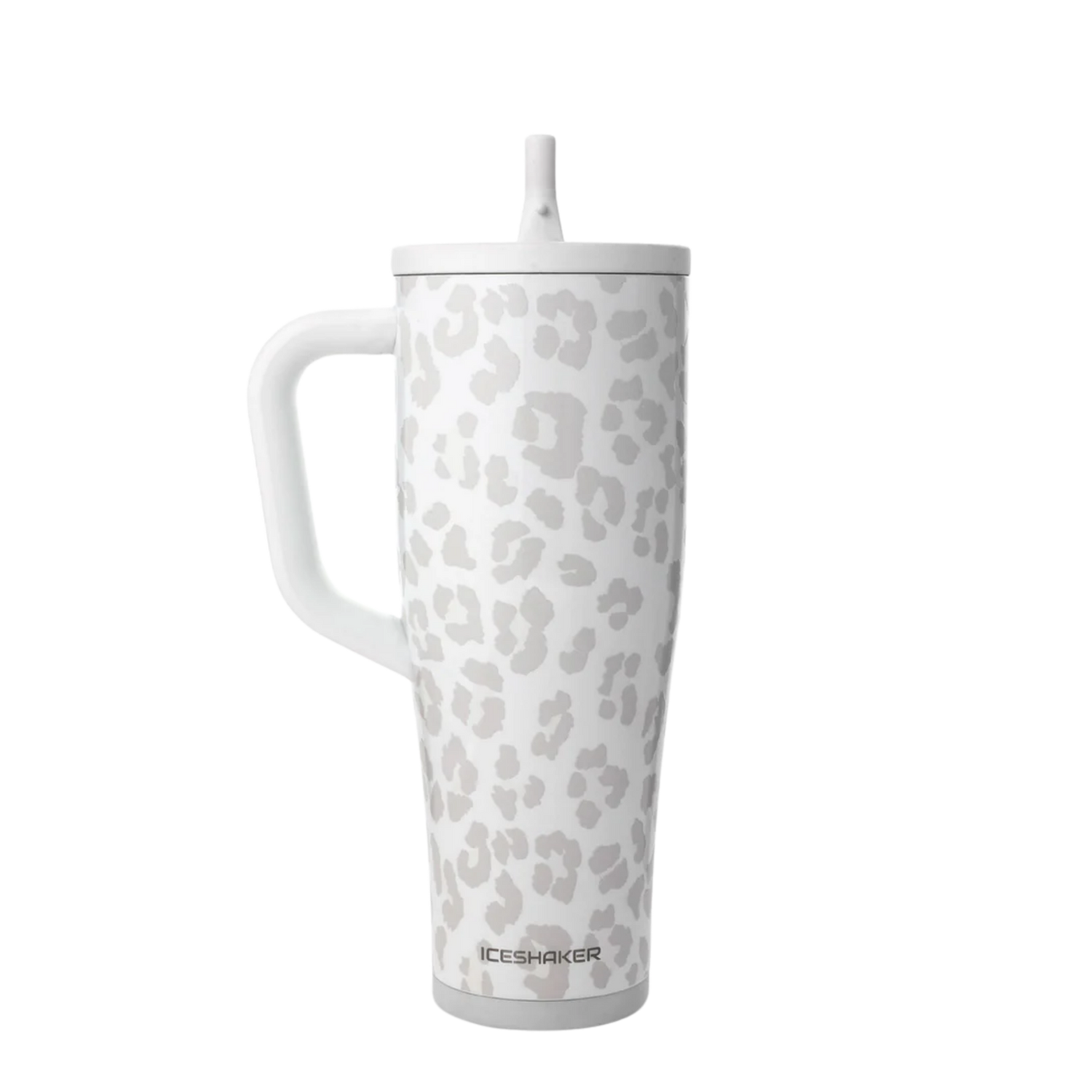 Ice Shaker White Leopard neutral tumbler styled with matching silicone boot, bow, charm, bracelet and straw topper accessories.