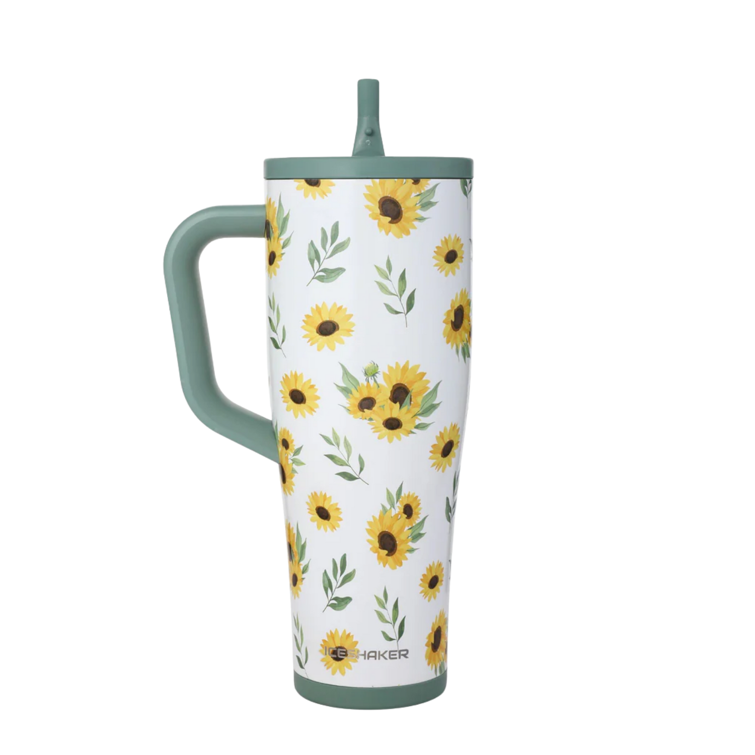 Ice Shaker Golden Reverie sunflower tumbler styled with matching sage green tumbler accessories including boot, bow, charm, bracelet and straw topper.