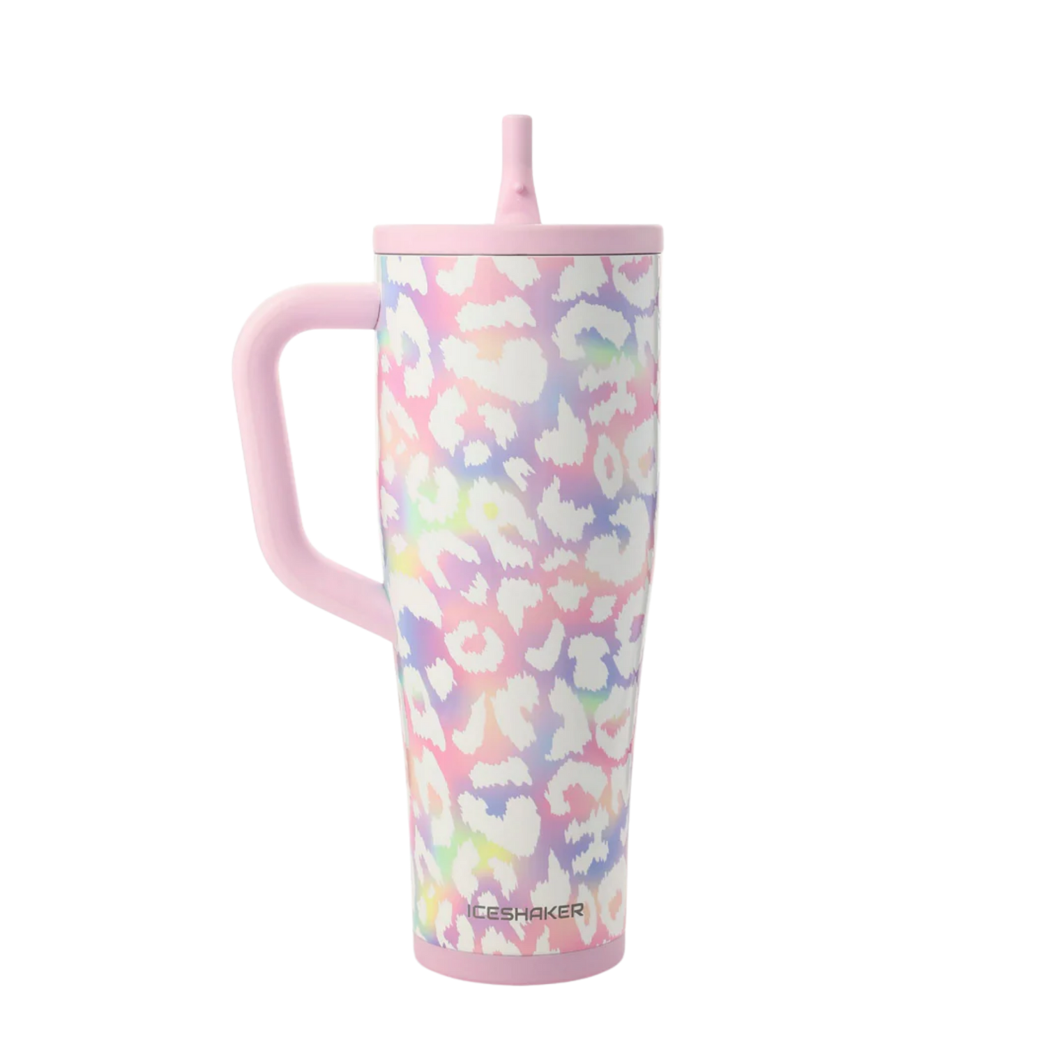 Ice Shaker Unicorn Leopard tumbler styled with matching pastel tumbler accessories including silicone boot, charm, bow, bracelet and straw topper.