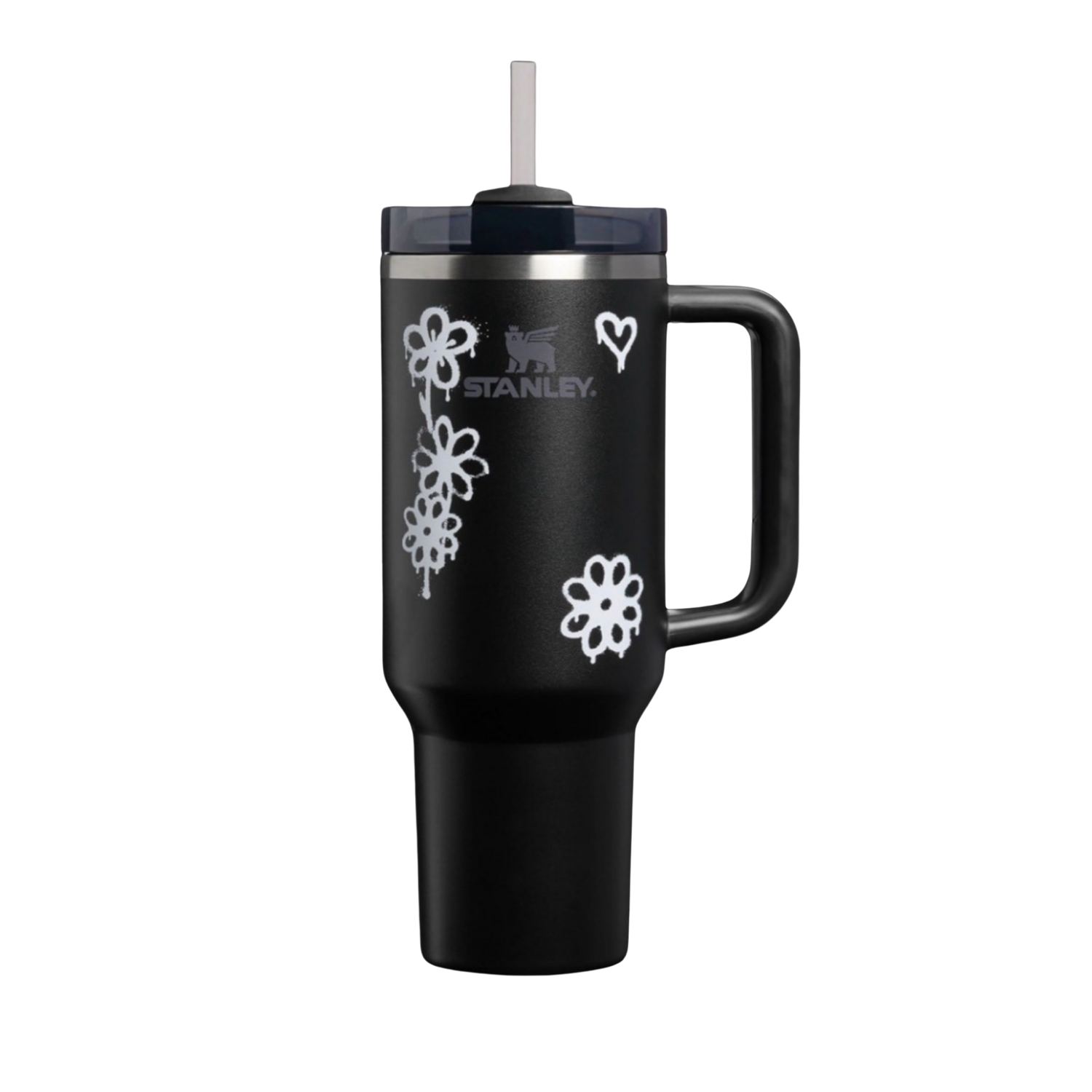 Stanley Black Graffiti Floral Stanley Quencher styled with matching silicone tumbler boot, floral straw topper, bow, charm and bracelet cup accessories.