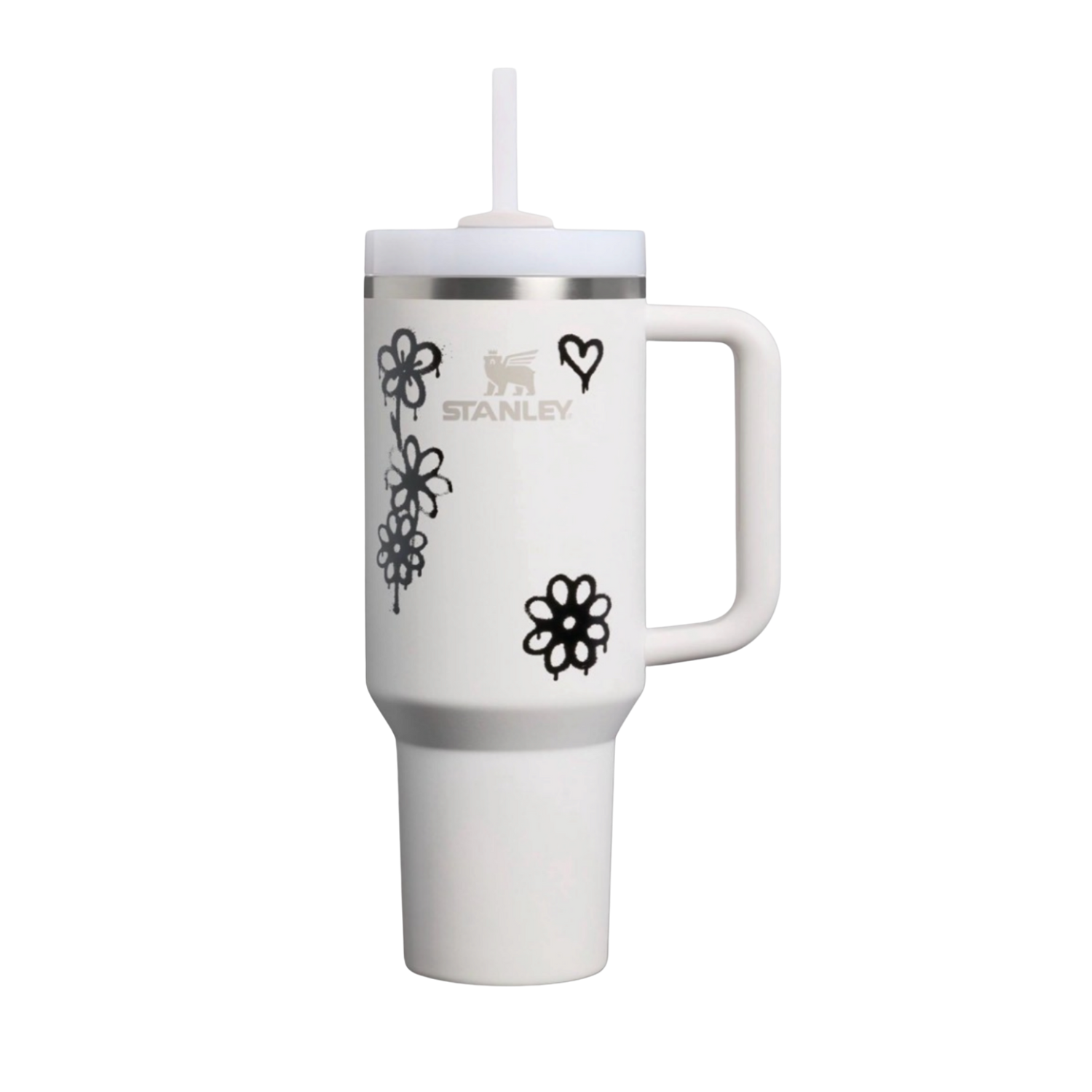 Stanley Frost Graffiti Floral Stanley Quencher styled with matching silicone tumbler boot, floral straw topper, bow, charm and bracelet cup accessories.
