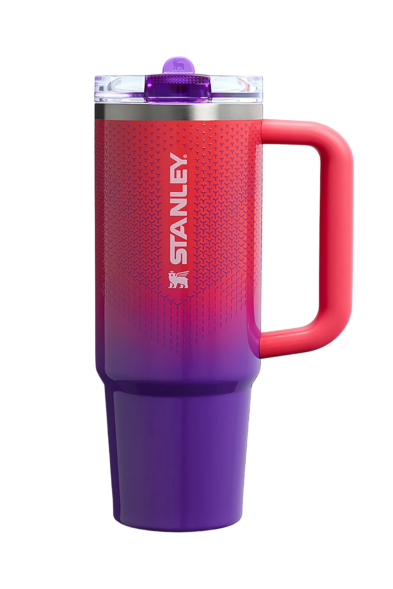 Stanley Vermilion HyperGrip pink and purple gradient Stanley Quencher tumbler styled with matching silicone boot, charm, bow, bracelet and straw topper accessories