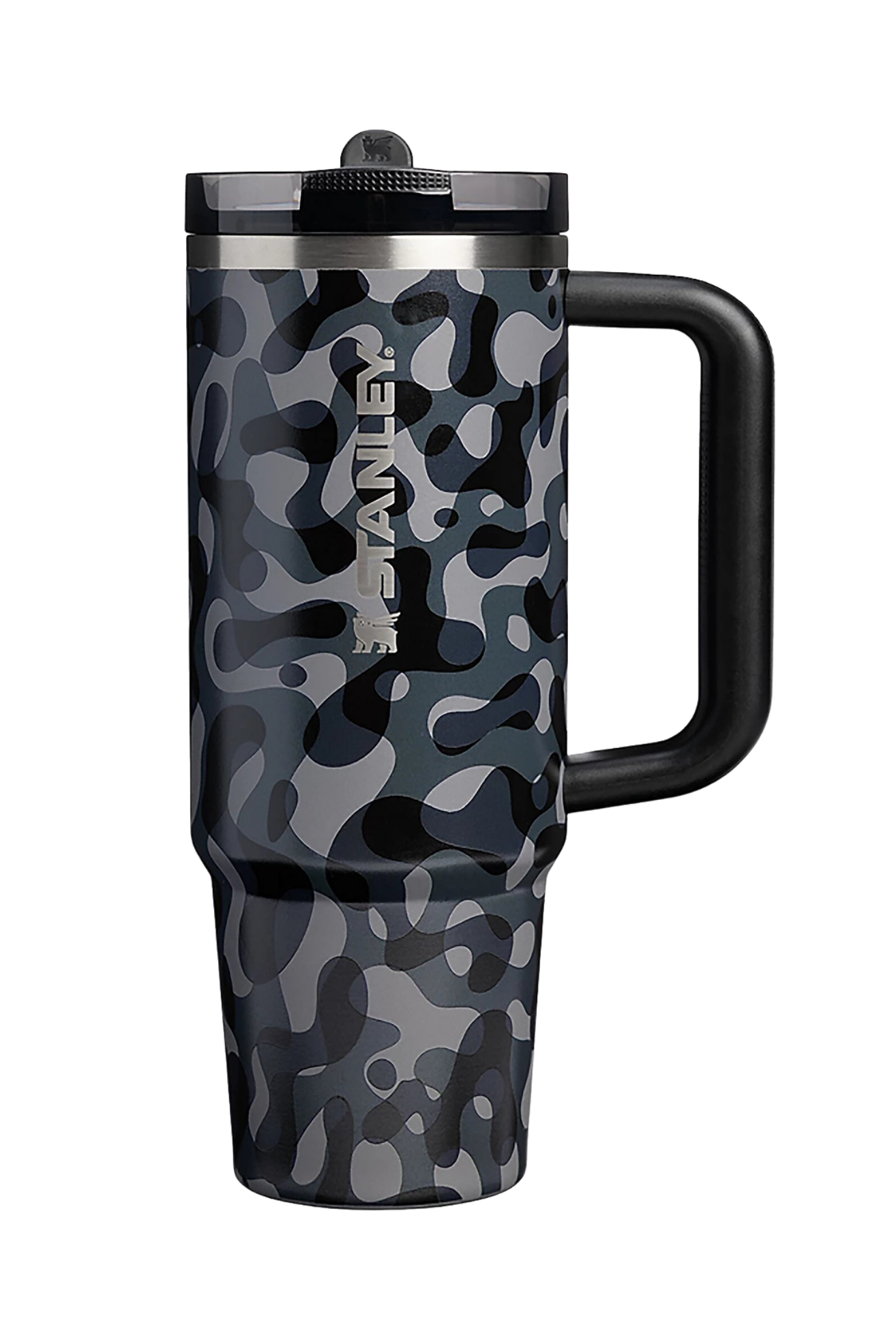 Stanley Black Interfusion 40 oz Quencher with black camouflage pattern styled with matching silicone boot, tumbler charm, bracelet, bow and straw topper accessories