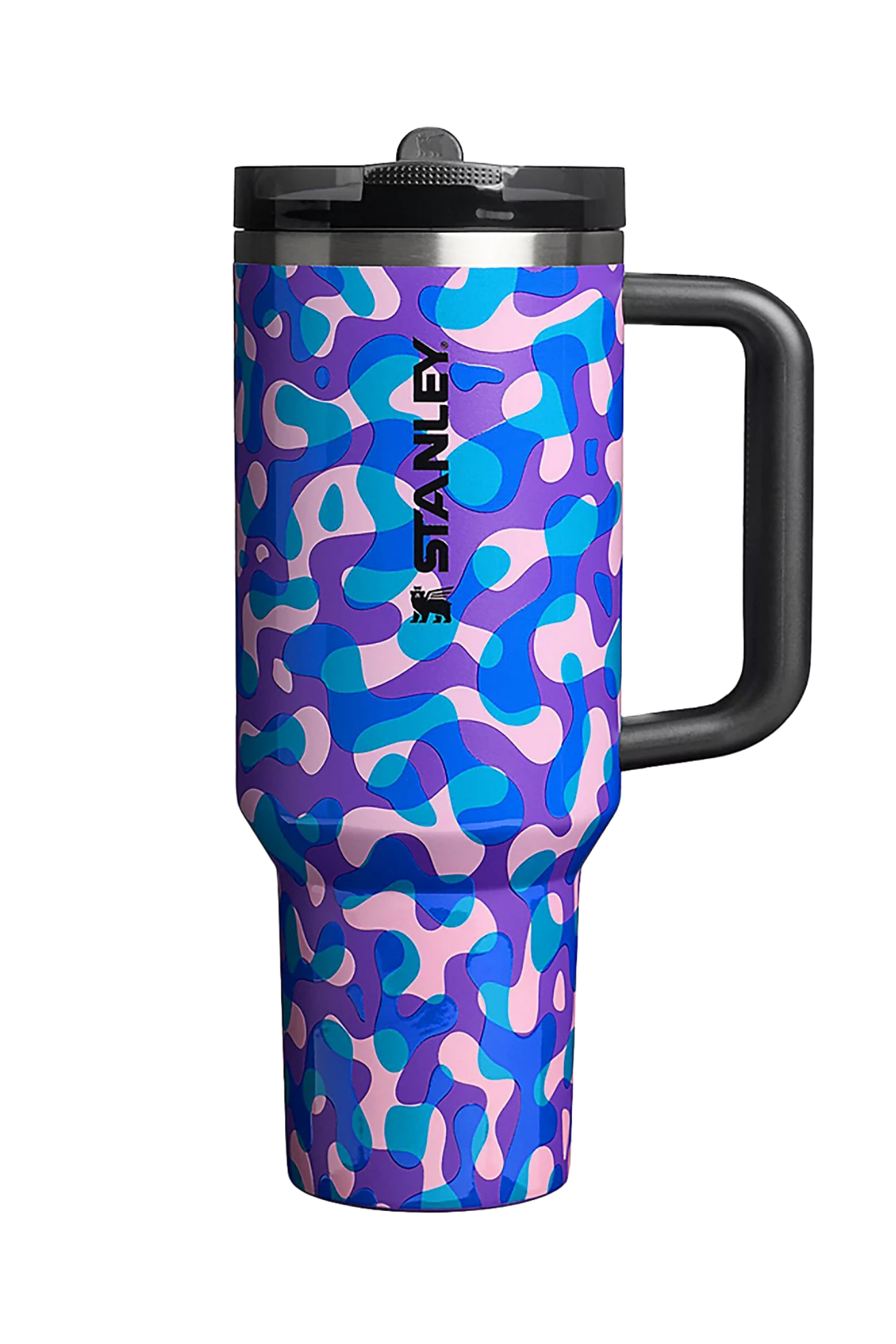 Stanley Multi Interfusion purple blue abstract camouflage tumbler styled with matching silicone boot, straw topper, tumbler charm, bracelet and bow accessories