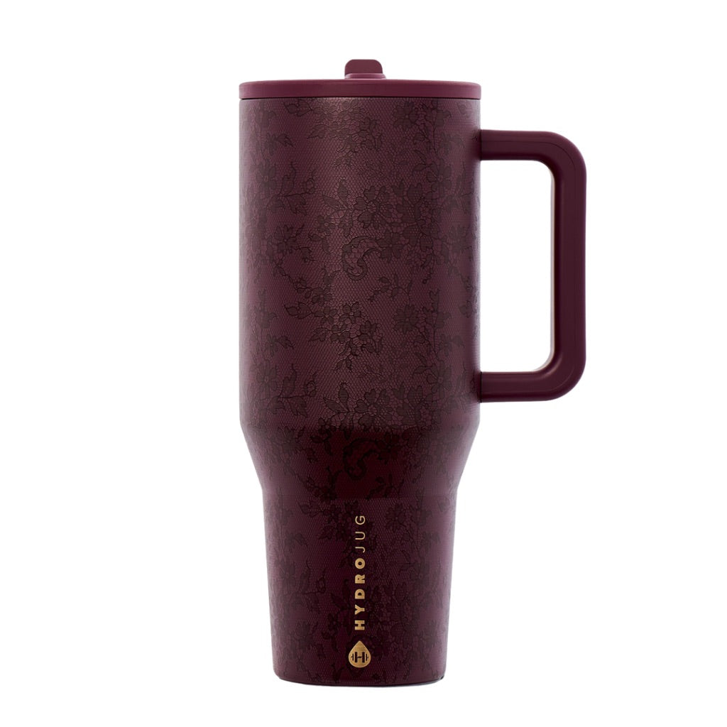 HydroJug Bordeaux Lace 40 oz Traveler from the Midnight Collection featuring deep burgundy wine coloring, tonal black floral lace pattern, matching lid and handle, and gold HydroJug logo