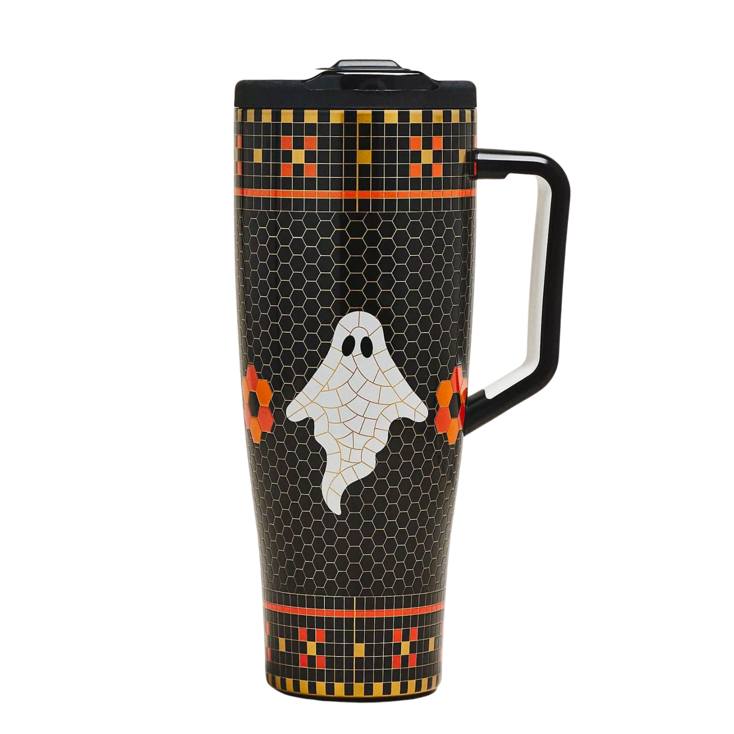 BrüMate All Hallows black Halloween tumbler with white ghost, orange and gold geometric pattern styled with matching cup accessories