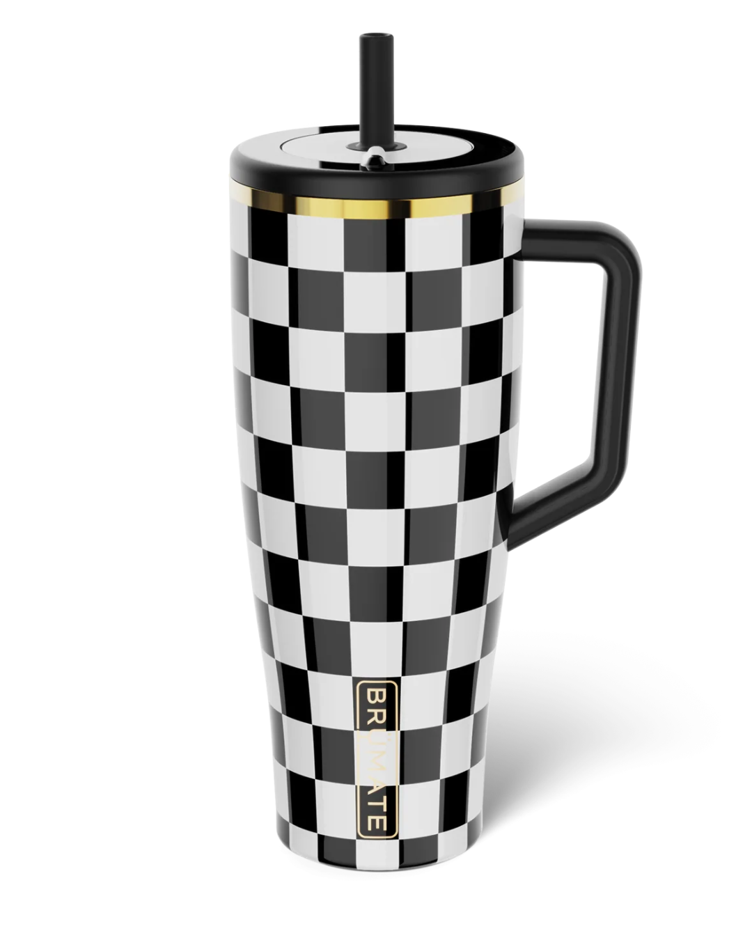 BrüMate Royal Check Era tumbler with royal blue silicone boot, checker straw topper, tumbler charm, bow, and cup accessories
