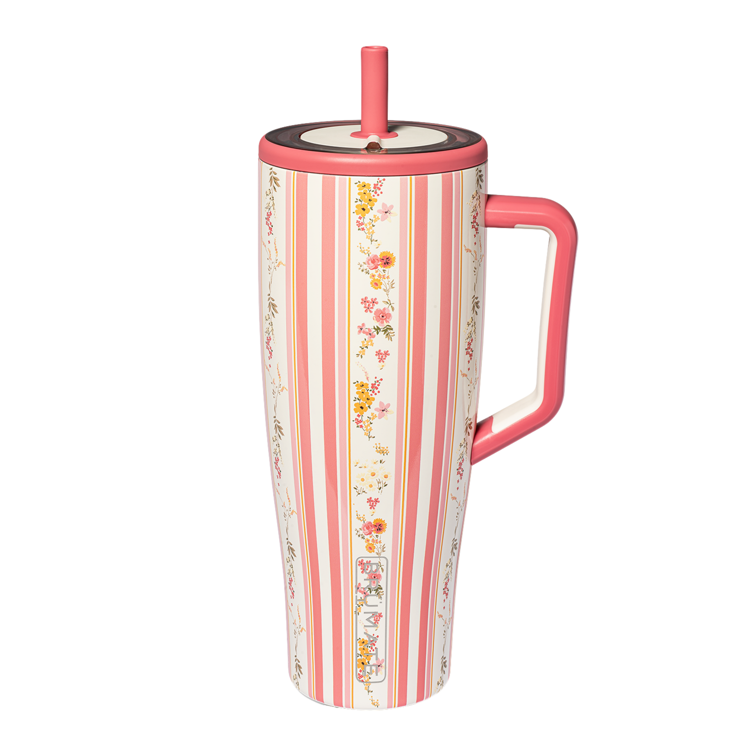 BrüMate Cascading Florals floral tumbler with coordinating silicone boot, tumbler charm, bow, bracelet and straw topper styled by Etch & Ember