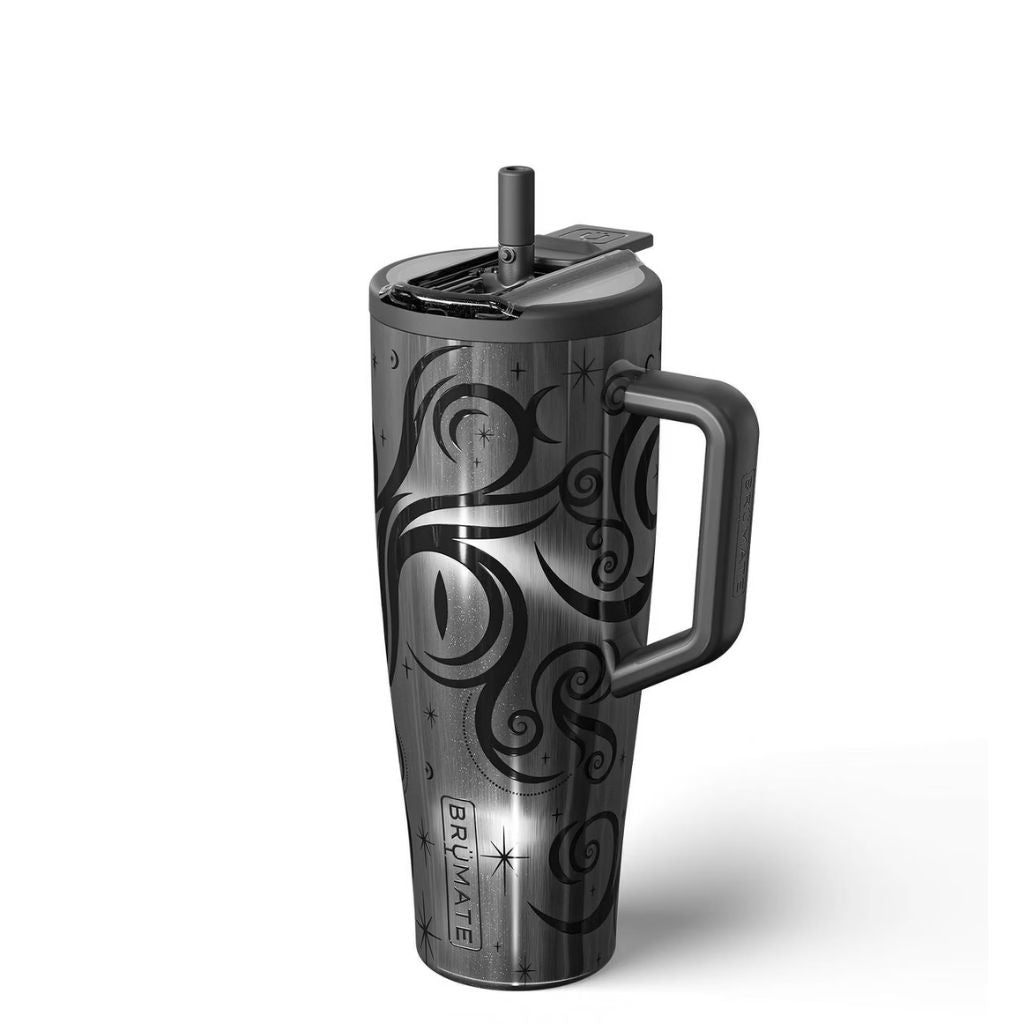BrüMate Cursebreaker tumbler featuring metallic gunmetal gray finish, black crescent moons, celestial stars, swirling gothic artwork, and coordinating charcoal lid and handle