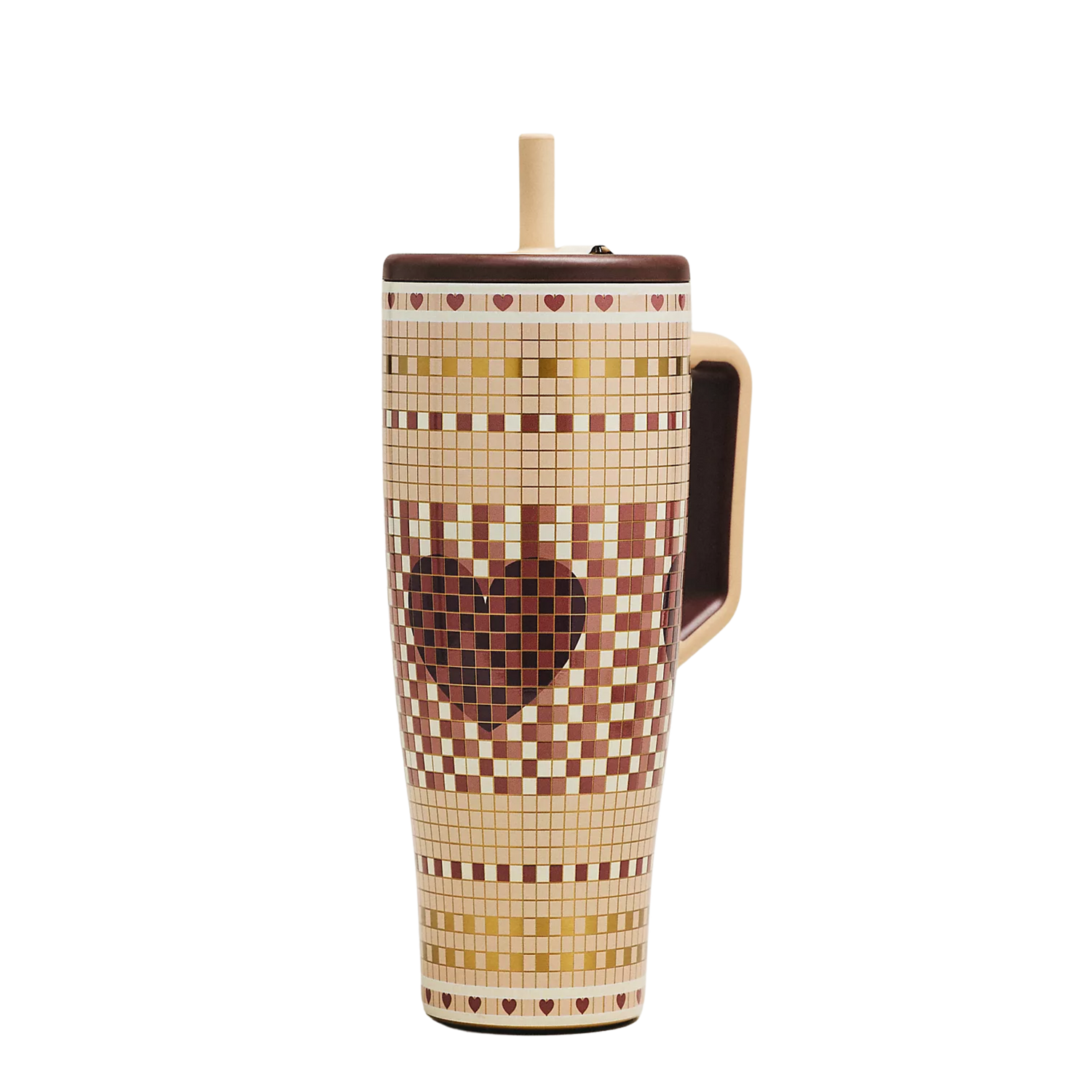 BrüMate Love You To Pieces neutral tumbler with brown heart, cream tan and gold checkered pattern styled with matching cup accessories