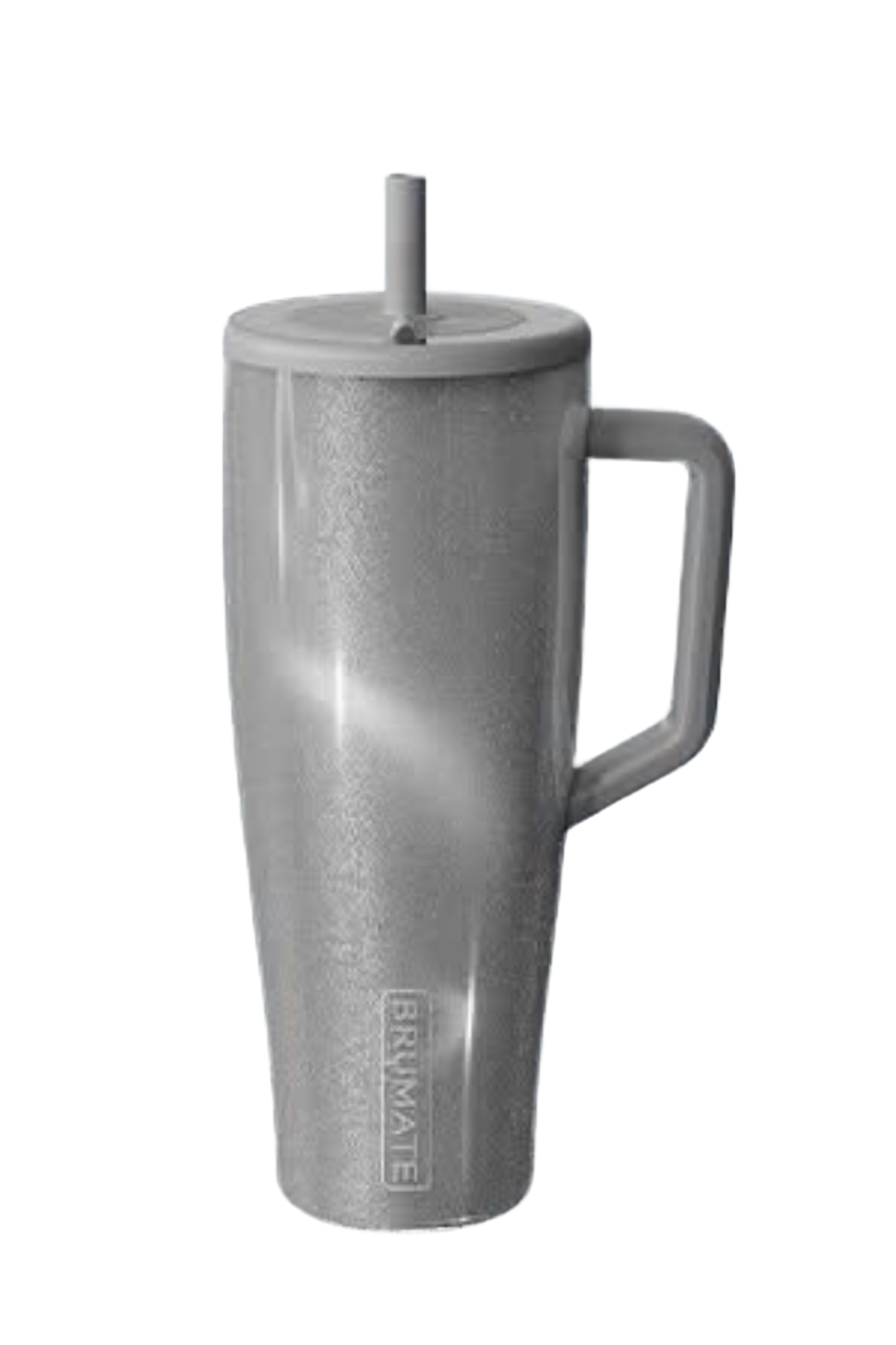 BrüMate Moonstone Era tumbler in silver shimmer metallic finish styled with matching silicone boot, tumbler charm, bracelet, bow and straw topper in a neutral luxury aesthetic.
