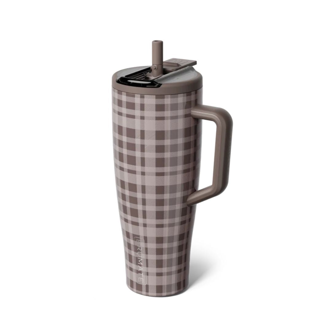 BrüMate Pecan Plaid tumbler featuring an allover mushroom brown, taupe, greige, and beige checked plaid pattern with fine woven-style detailing, matching taupe handle, dark lid, and vertical BrüMate logo.