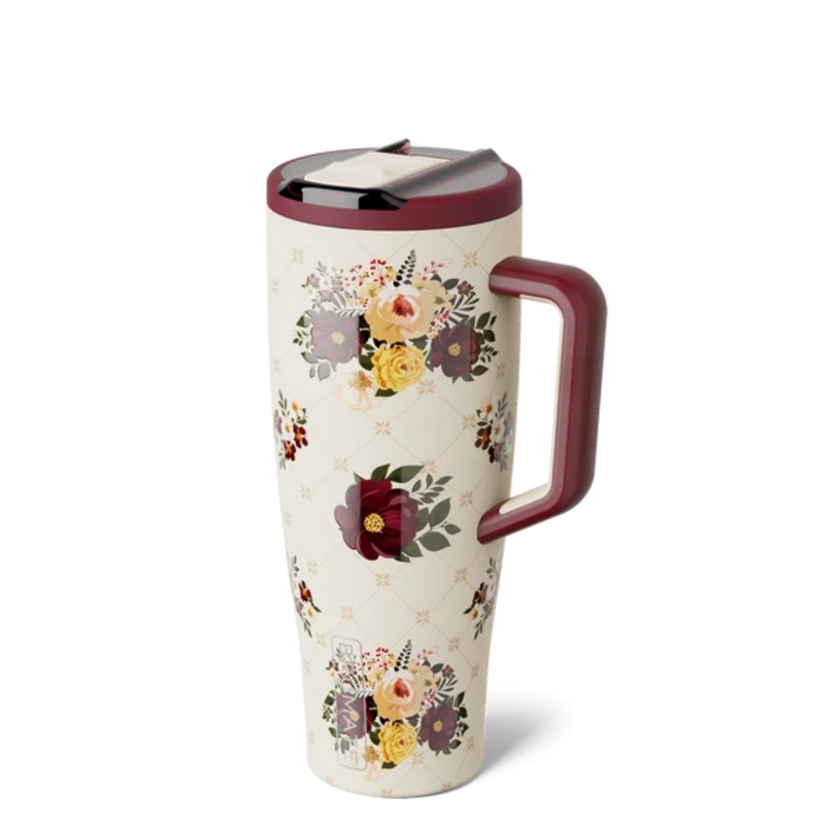 BrüMate Quilted Florals cream burgundy Heirloom tumbler styled with matching silicone boot, charm, bow, bracelet and straw topper