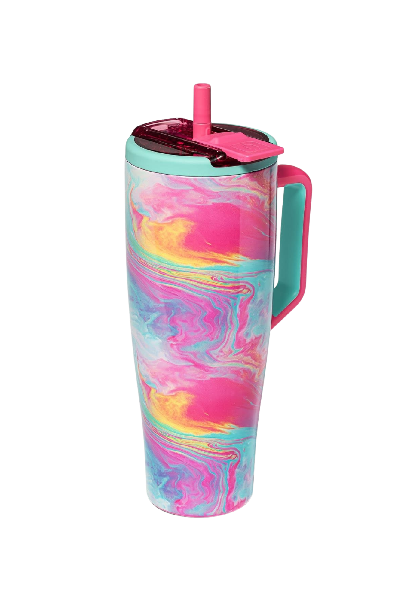 BrüMate Rainbow Swirl tumbler aesthetic with pastel silicone boot, iridescent charm, rainbow straw topper, bow, and coordinated hydration accessories