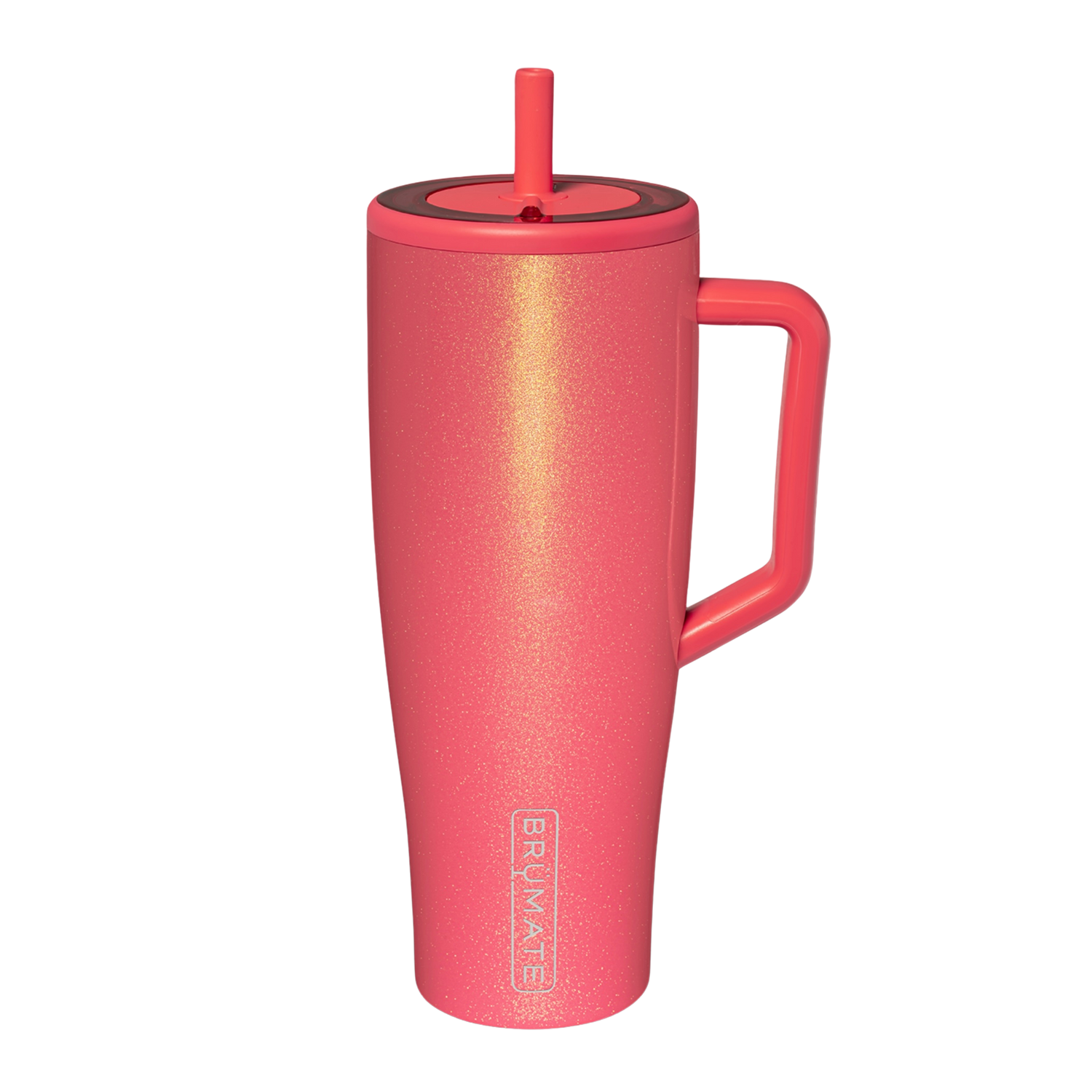 BrüMate Shimmer Coral tumbler with matching coral pink silicone boot, tumbler charm, straw topper, bow, and Pinterest-inspired cup accessories