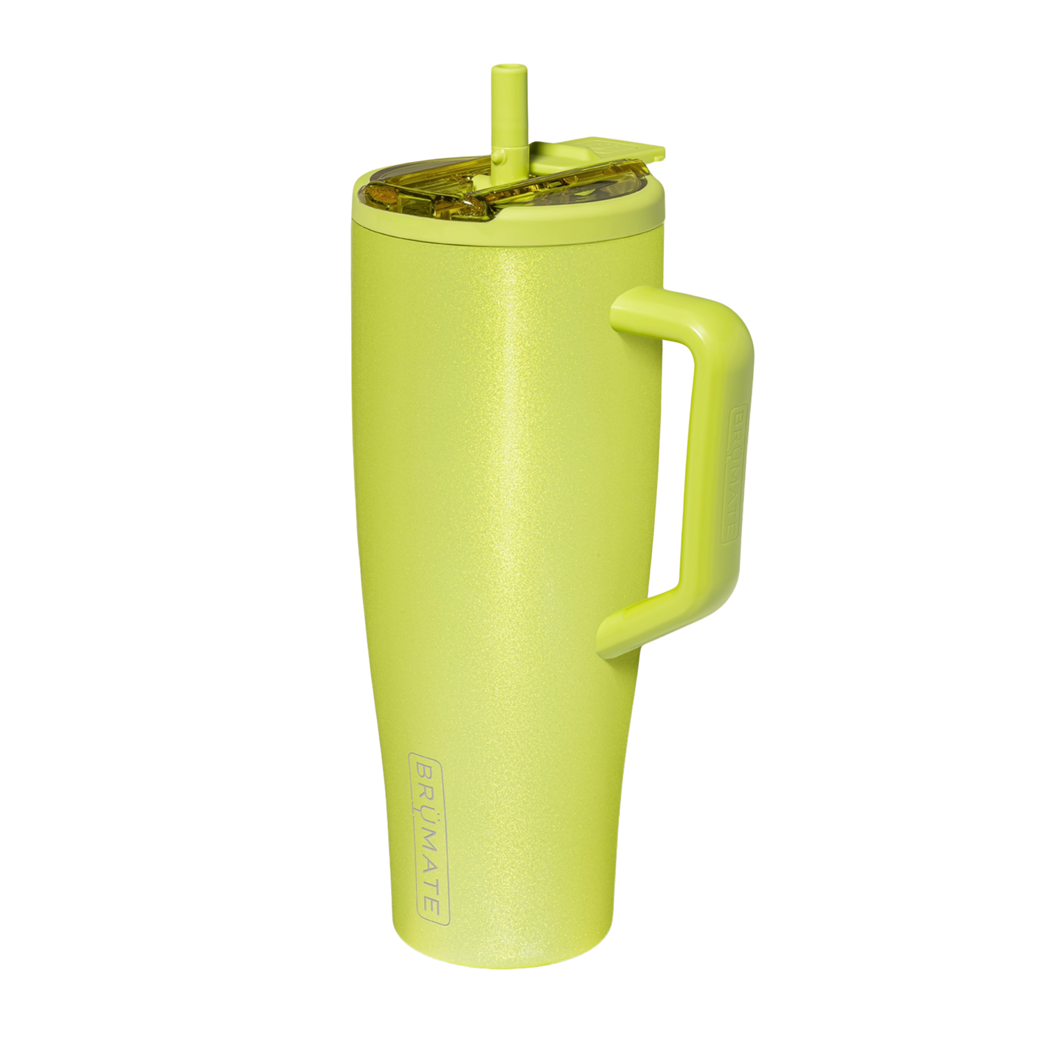 BrüMate Shimmer Lemon Lime handled tumbler with matching neon silicone boot, straw topper, tumbler charm, bow, and coordinated cup accessories