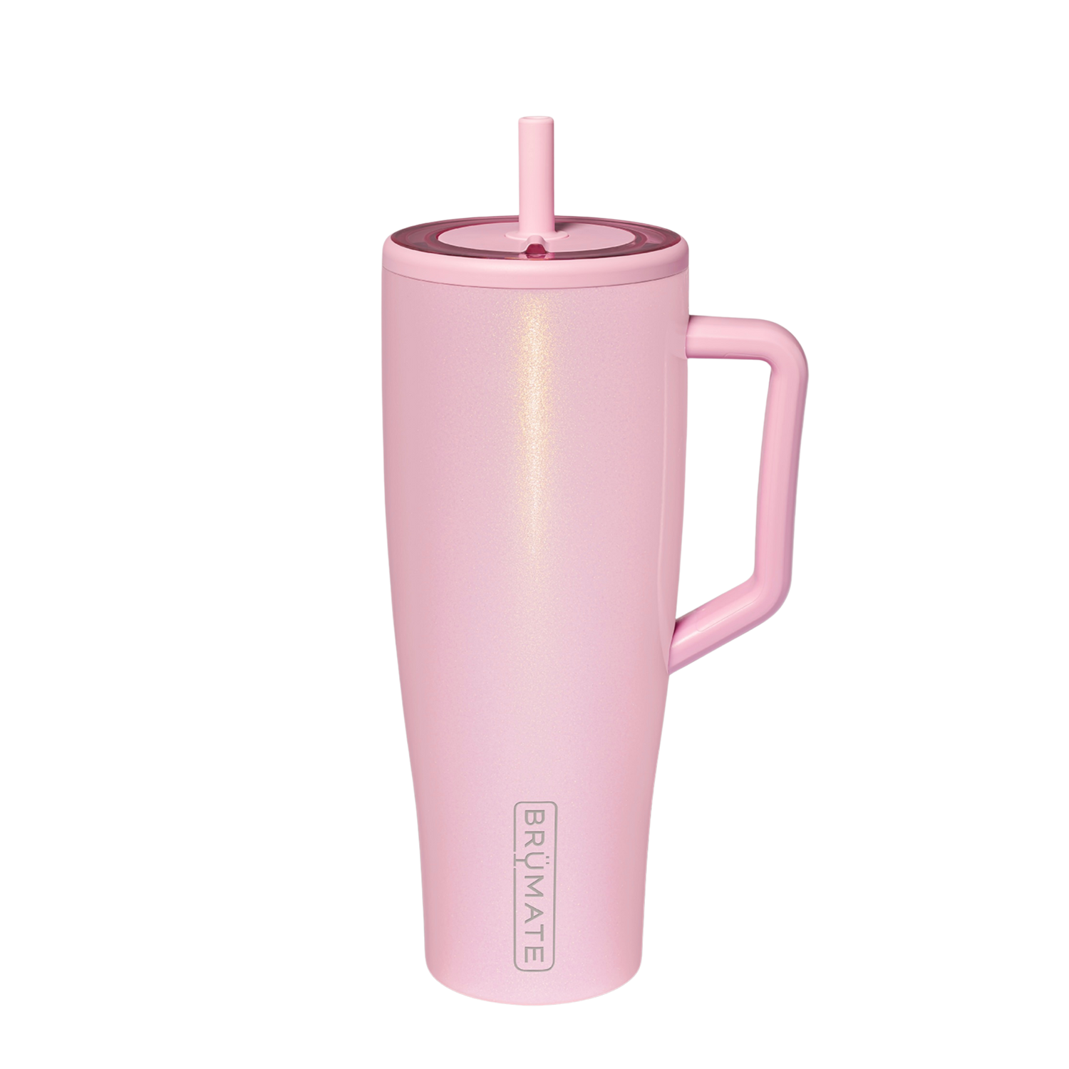 Glossy pink BrüMate Shimmer Petal tumbler with matching silicone boot, pastel straw topper, tumbler charm, bow, and coordinated accessories
