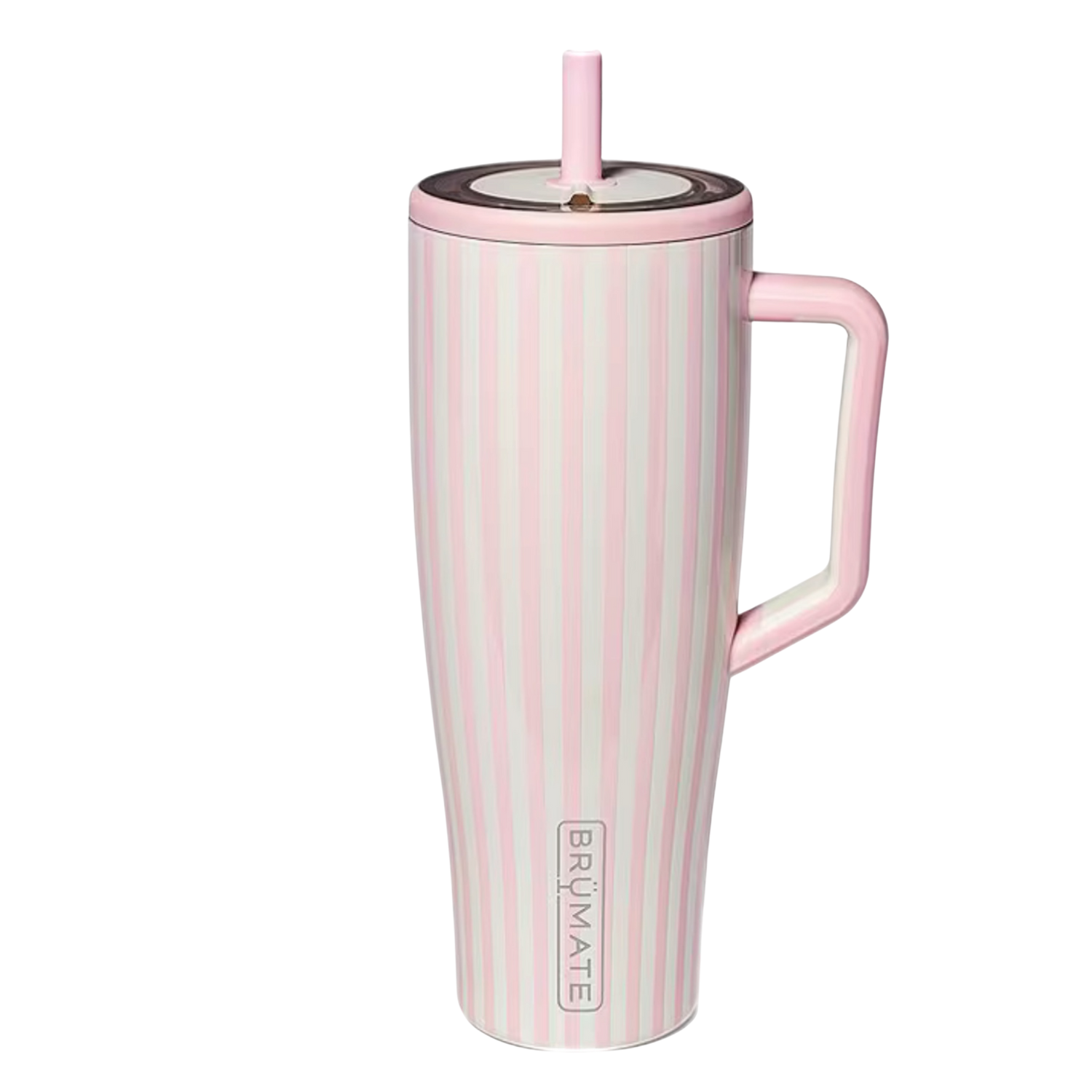 BrüMate Strawberries & Cream pink and cream striped tumbler with handle styled with matching silicone boot, tumbler charm, bow, bracelet and straw topper accessories