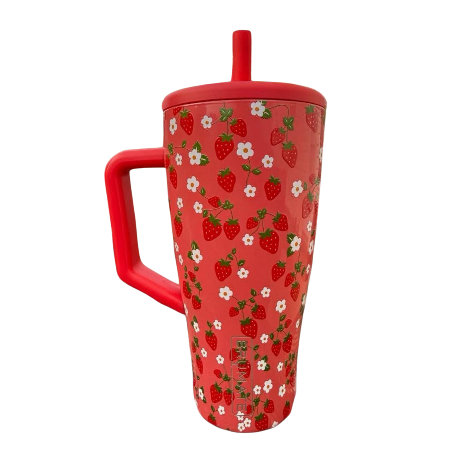 BrüMate Strawberry Garden Era tumbler with strawberry floral print, matching silicone boot, straw topper, tumbler bow, bracelet, and charm accessories