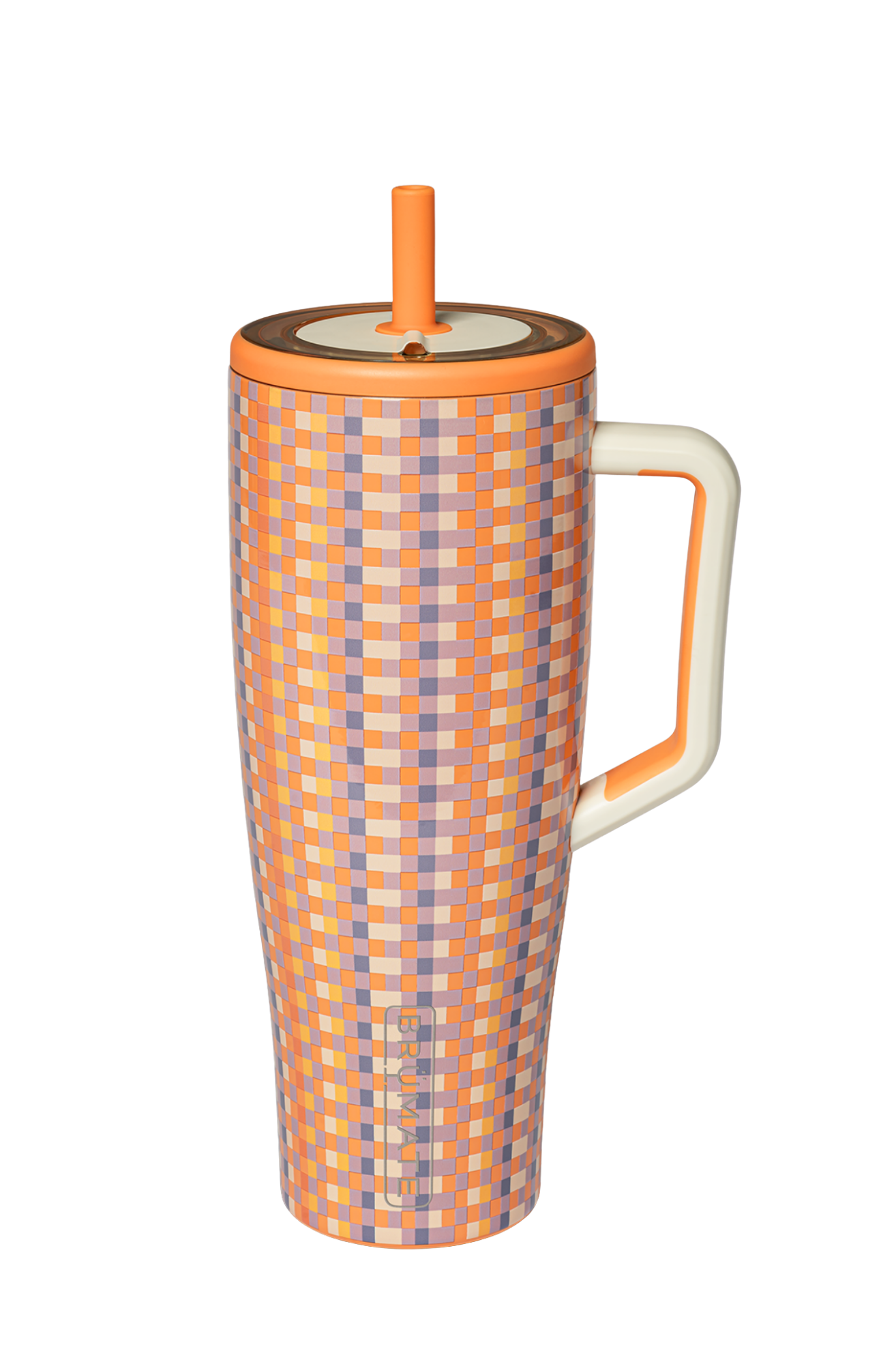 BrüMate Vibe Check tumbler aesthetic featuring matching silicone boot, tumbler handle charm, straw topper, bow, and coordinated cup accessories by Etch & Ember