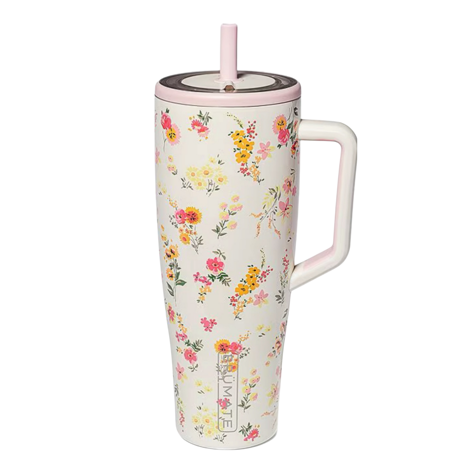 BrüMate Wildflower Whisper cream floral tumbler with blush pink accents styled with matching silicone boot, tumbler charm, bow, bracelet and floral straw topper accessories