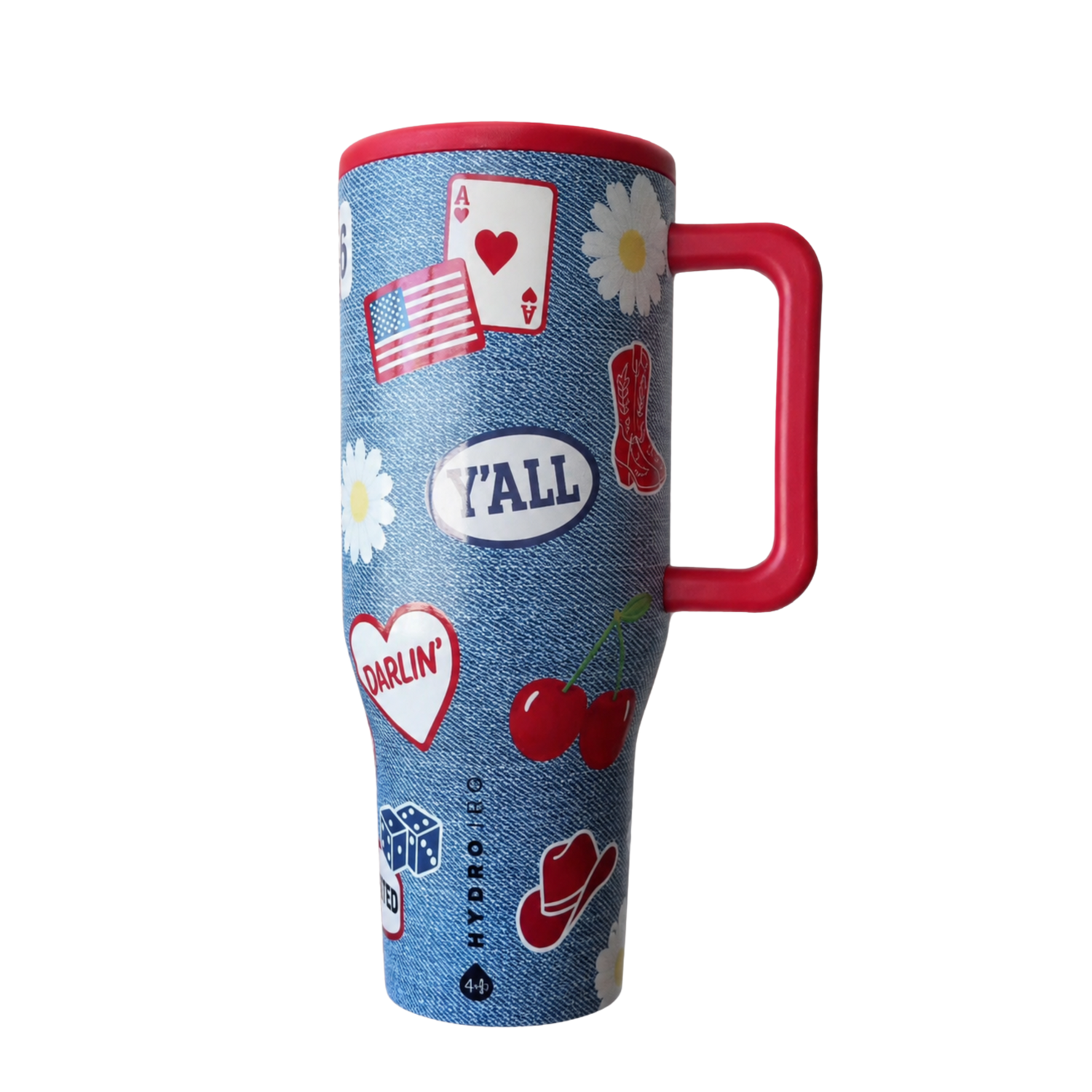 HydroJug American Honey tumbler with matching red silicone boot, western cherry straw topper, tumbler charm, bow, and patriotic cup accessories