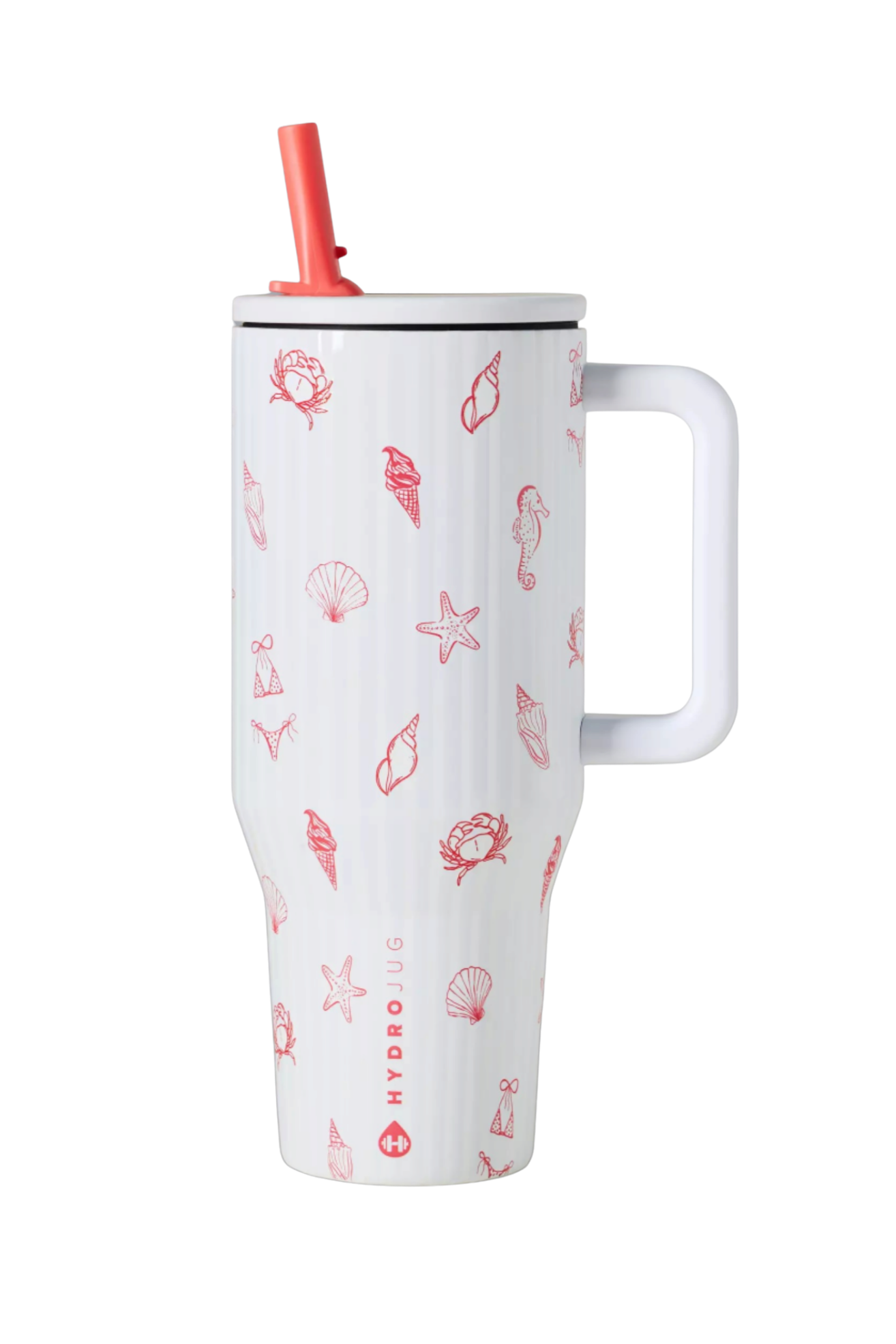 HydroJug Beach Days tumbler with matching silicone boot, coastal pastel straw topper, tumbler charm, bow, and beach-inspired cup accessories
