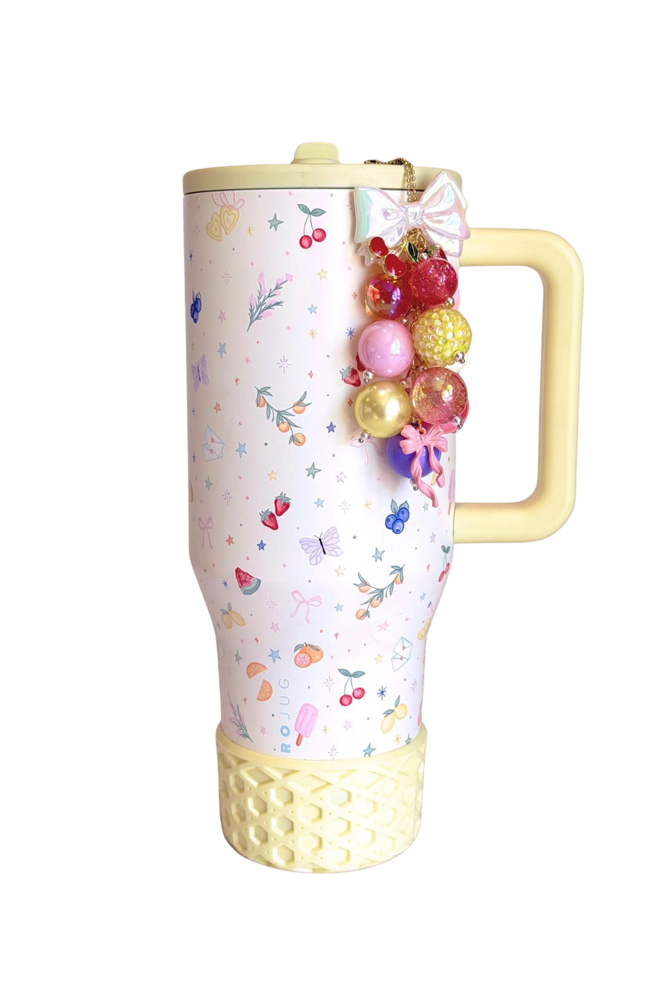 HydroJug Berries & Cream tumbler with pastel silicone boot, iridescent bow charm, and coordinated coquette cup accessories