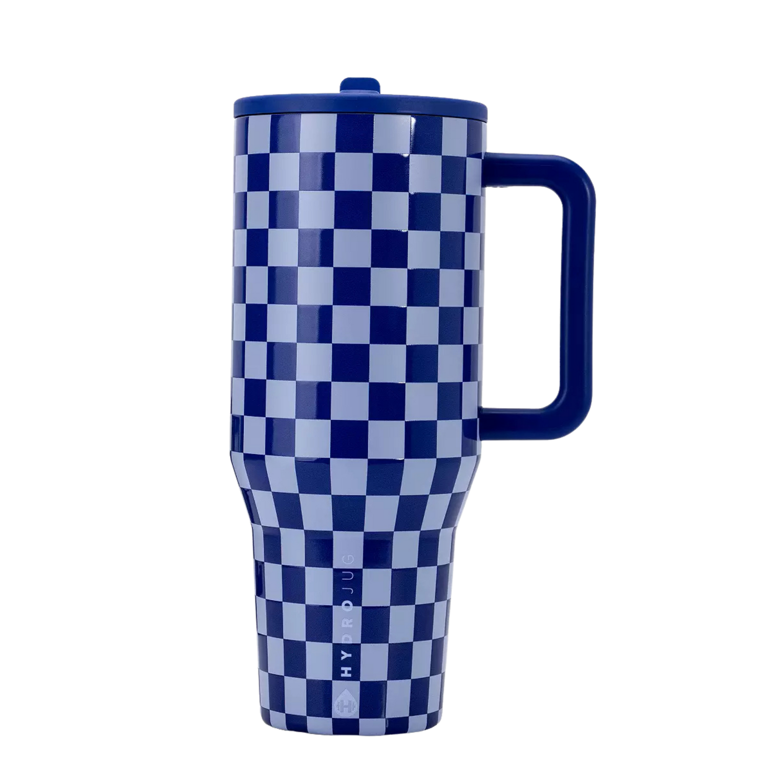 HydroJug Blue Checkers tumbler with matching silicone boot, tumbler charm, bow, bracelet and straw topper in coordinated blue checkerboard aesthetic