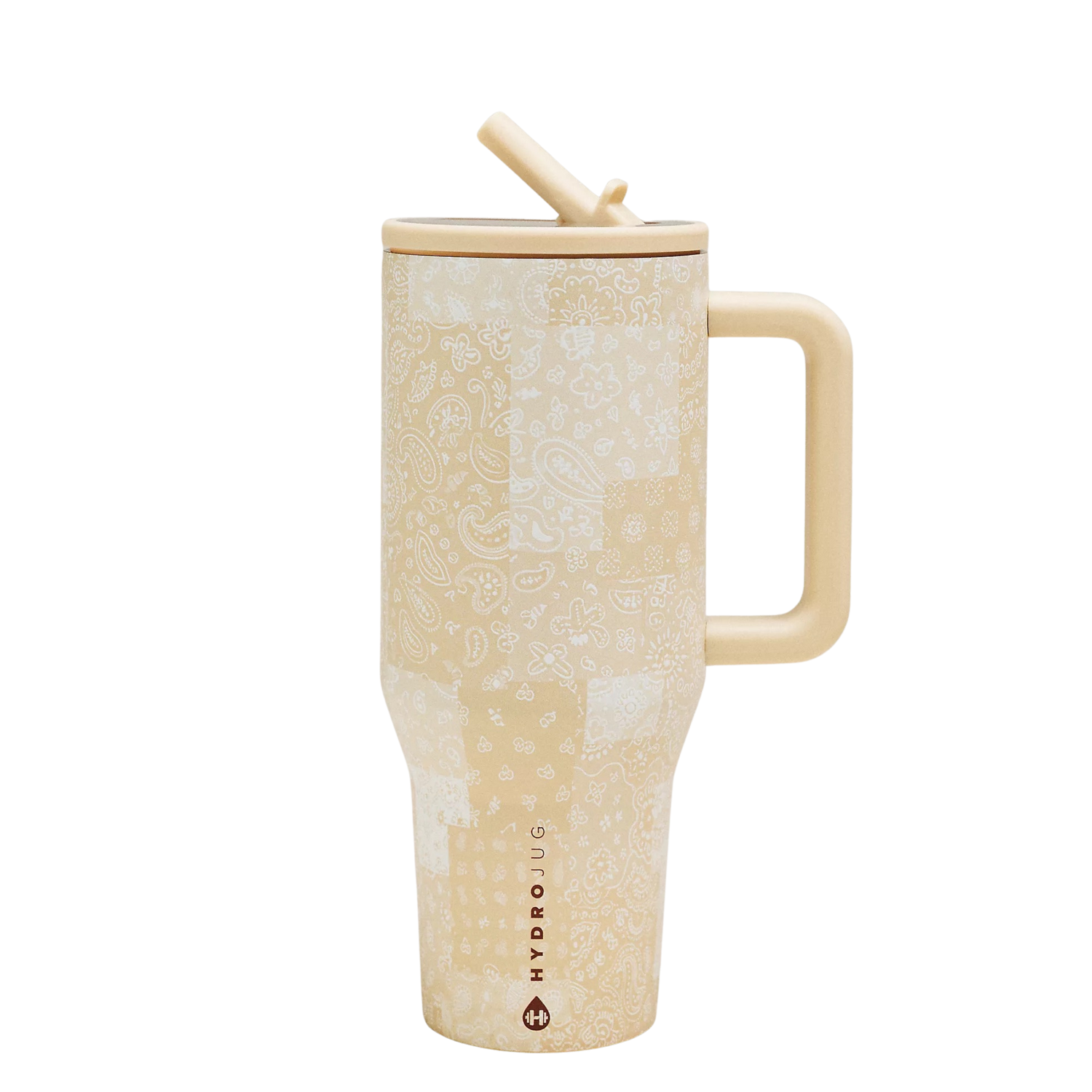 HydroJug Brown Bandana paisley tumbler styled with matching silicone boot, tumbler charm, bow, bracelet and straw topper in western aesthetic