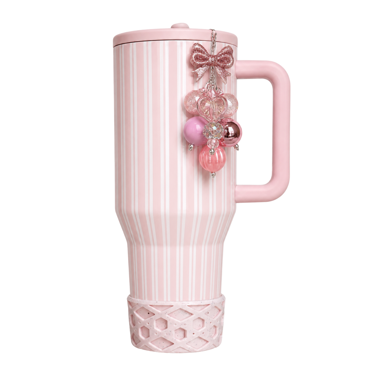 HydroJug Cabana pastel pink striped tumbler with matching silicone boot, tumbler bow, charm, bracelet, and straw topper accessories